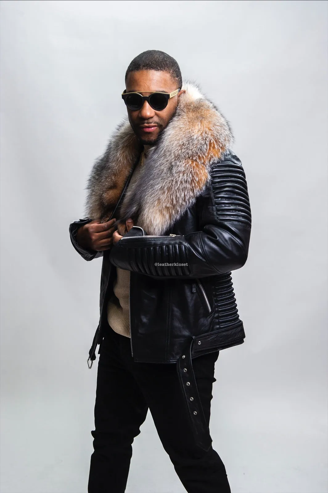 Men's Trey Biker Black Leather Full Fox Fur Collar [Crystal Fox]