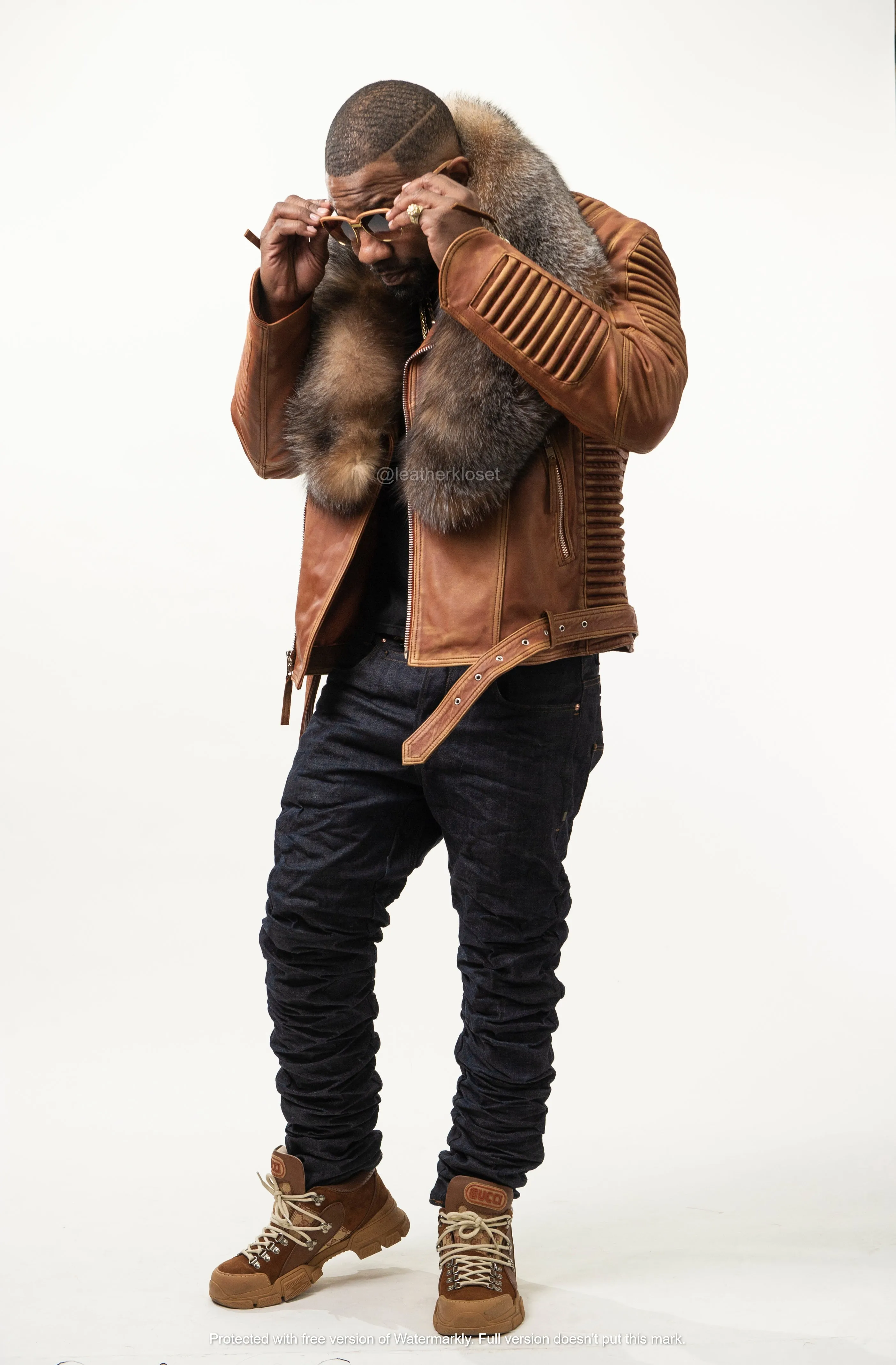 Men's Trey Biker Caramel Crunch Leather Full Fox Fur Collar