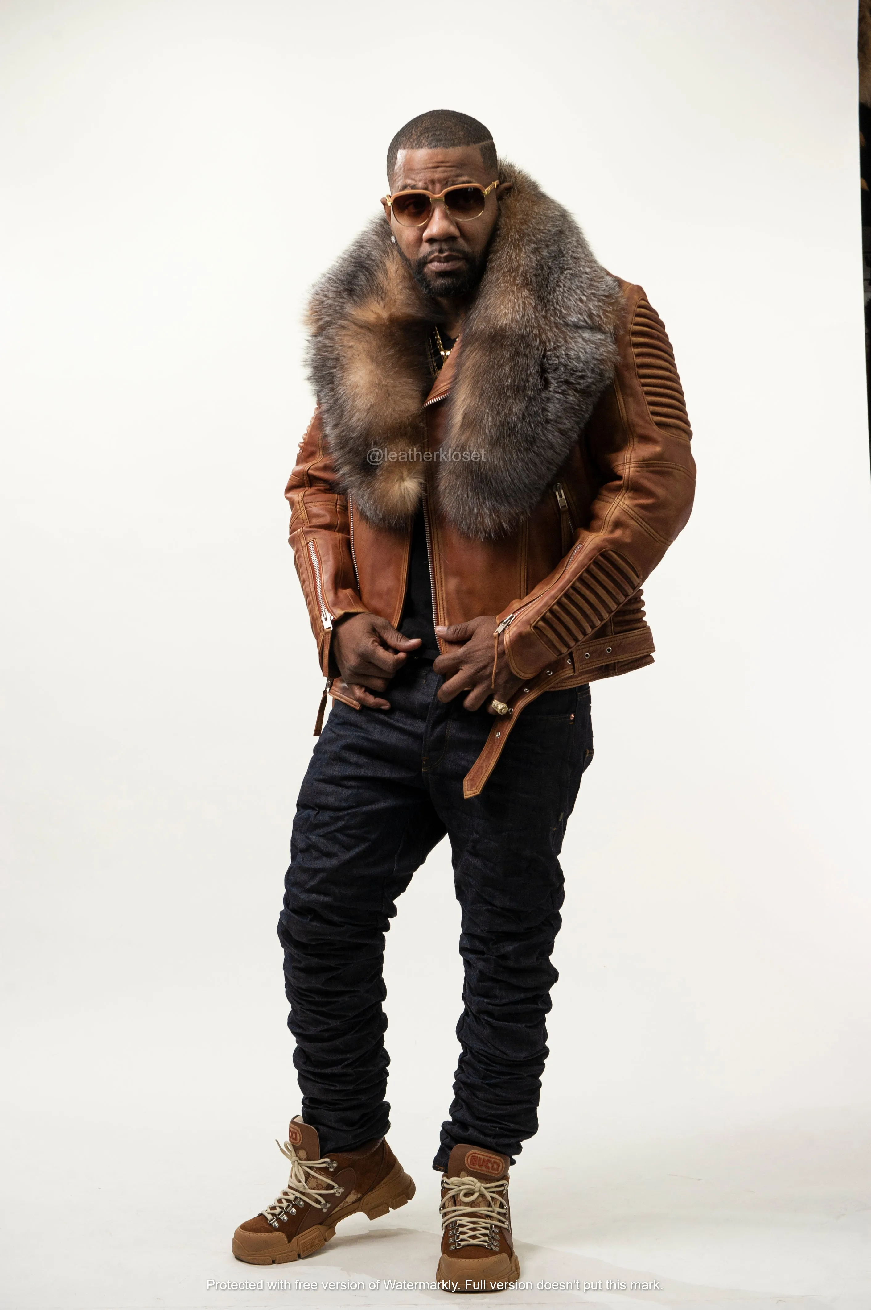 Men's Trey Biker Caramel Crunch Leather Full Fox Fur Collar