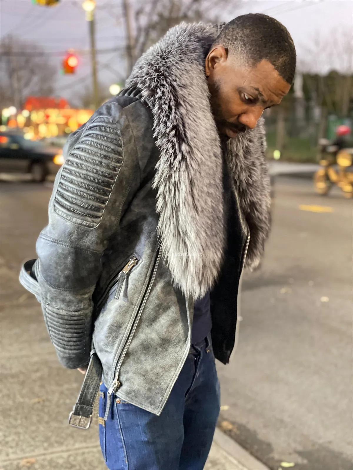 Men's Trey Biker Leather Full Fox Fur Collar [Space Gray]