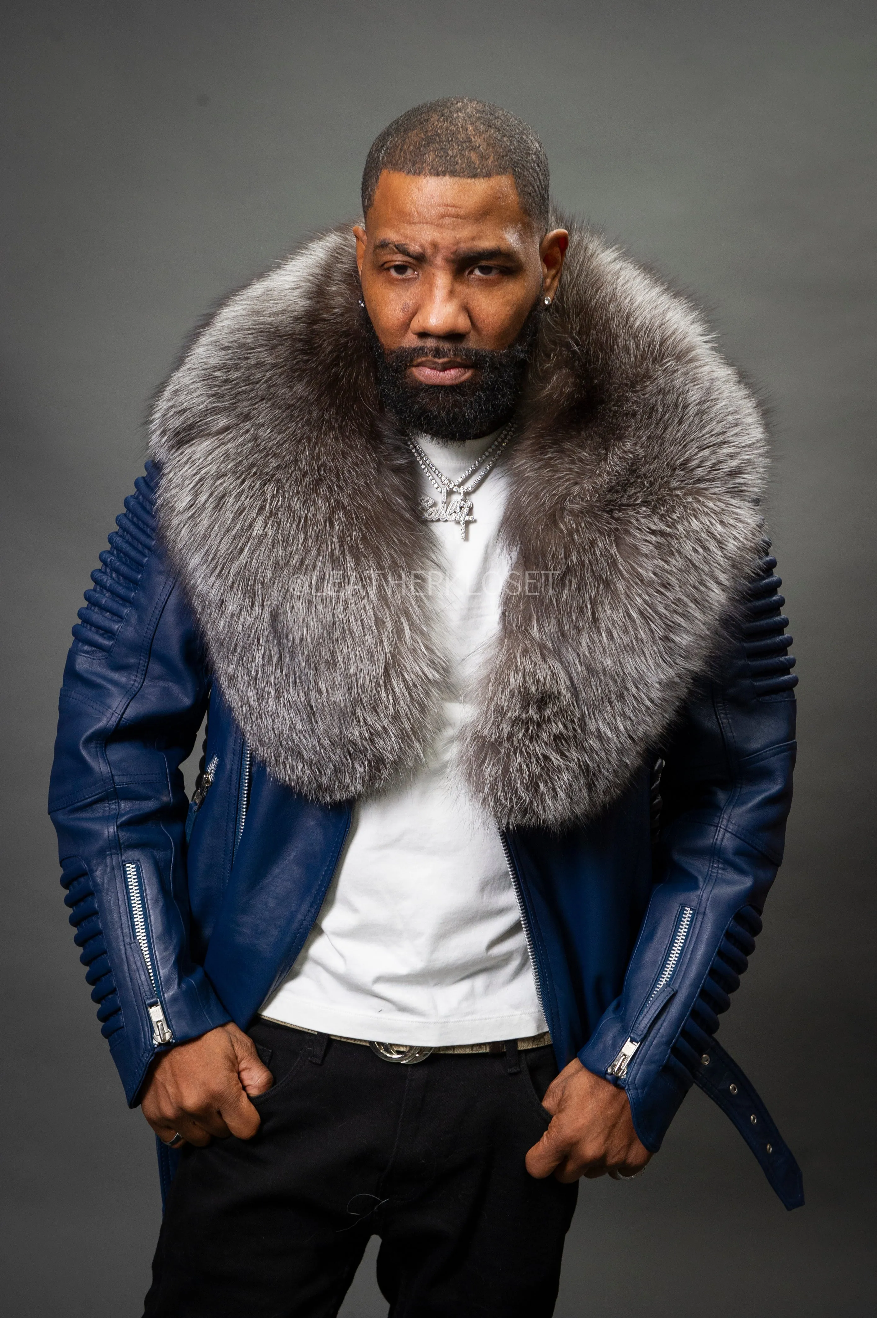 Men's Trey Biker Navy Full Fox Fur Collar [Silver Fox]