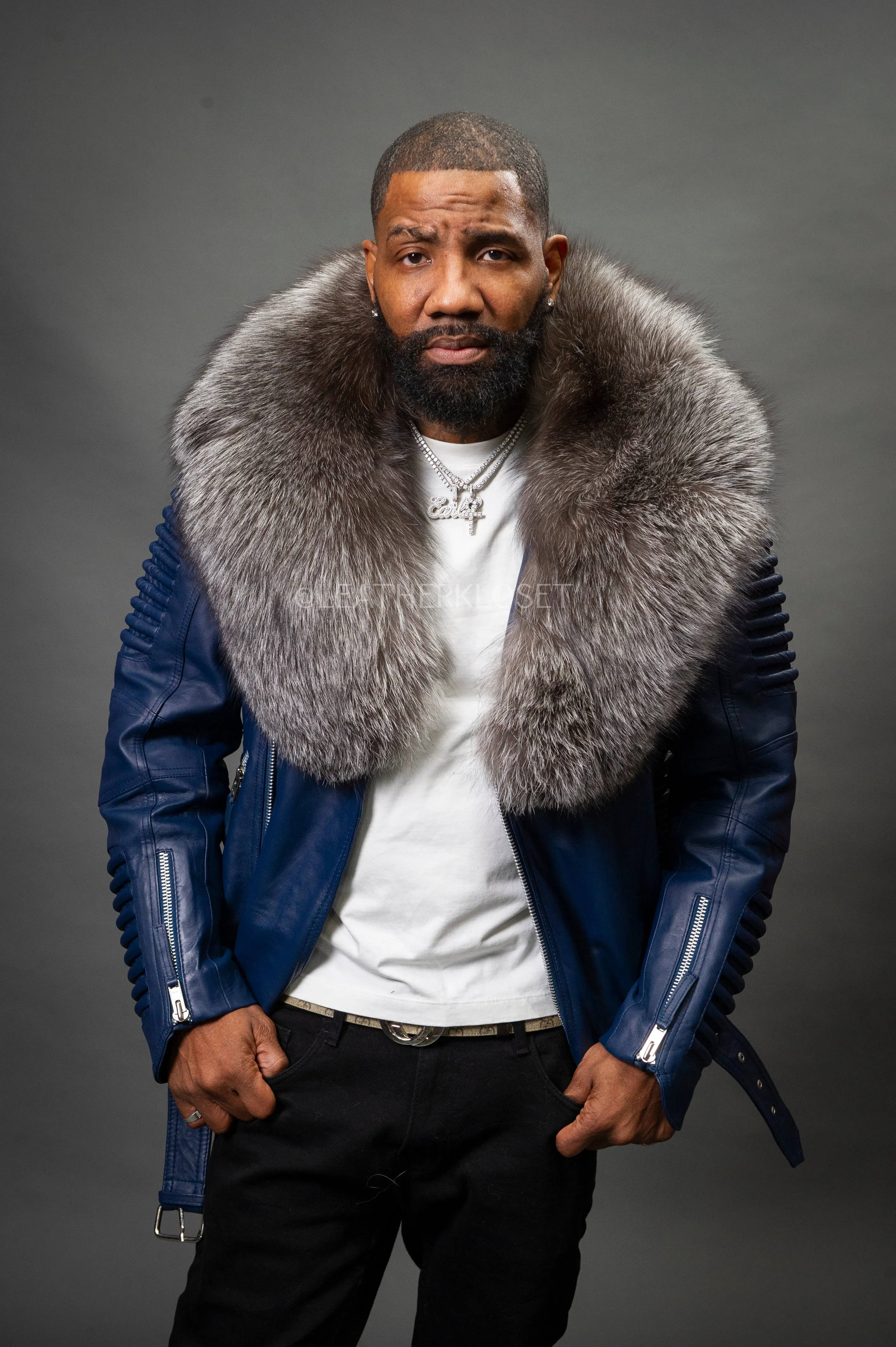 Men's Trey Biker Navy Full Fox Fur Collar [Silver Fox]