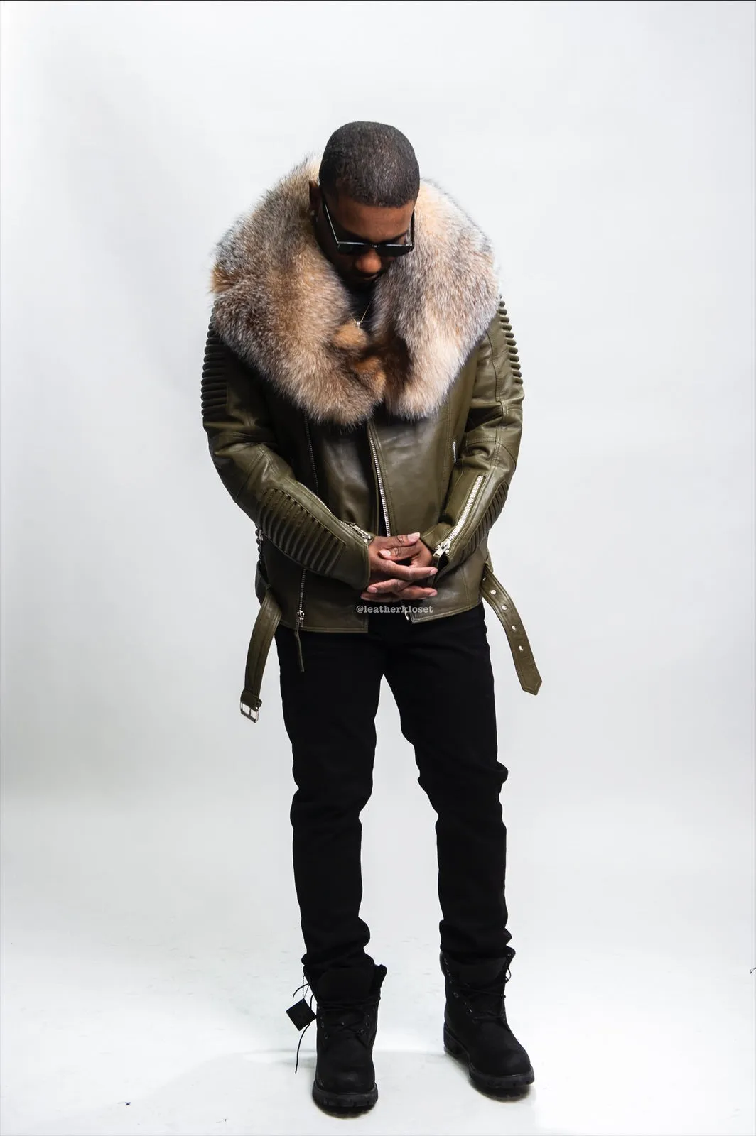 Men's Trey Biker Olive Green Leather Full Fox Fur Collar [Crystal Fox]