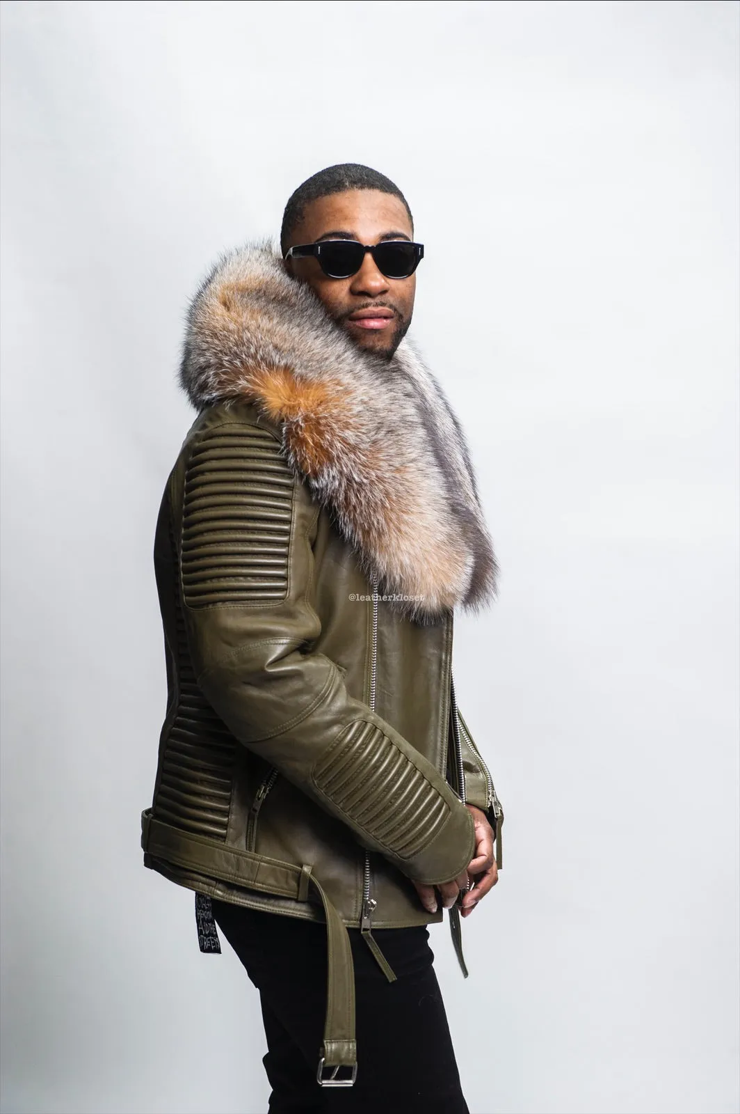 Men's Trey Biker Olive Green Leather Full Fox Fur Collar [Crystal Fox]