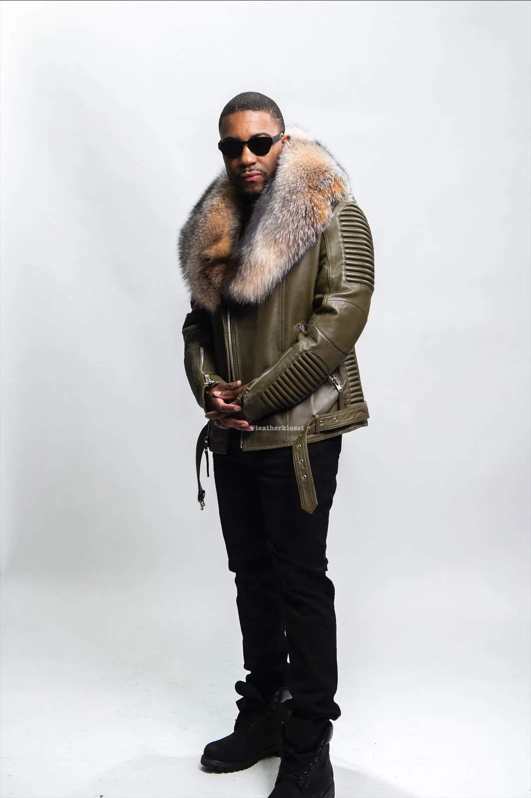 Men's Trey Biker Olive Green Leather Full Fox Fur Collar [Crystal Fox]