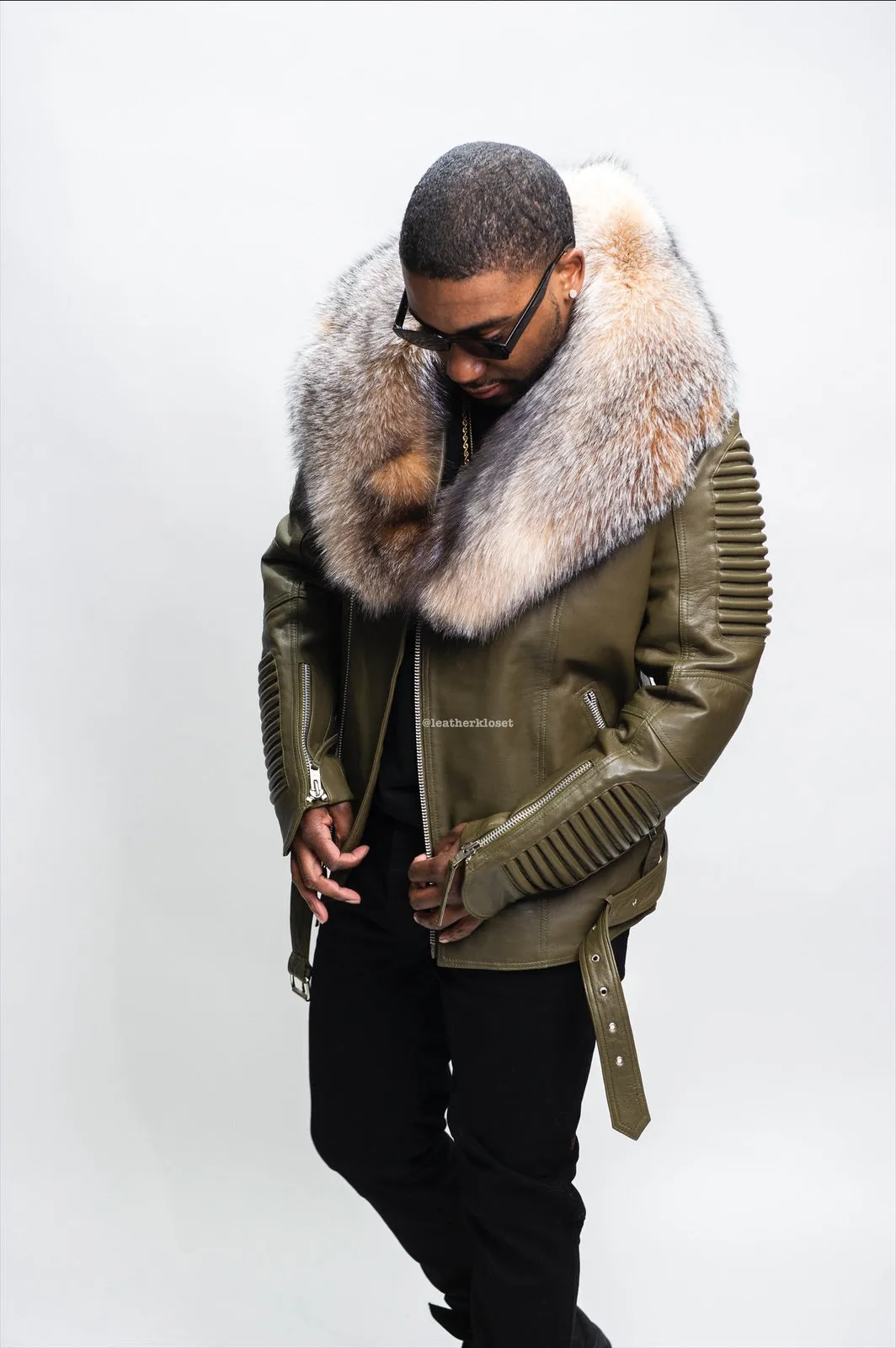 Men's Trey Biker Olive Green Leather Full Fox Fur Collar [Crystal Fox]