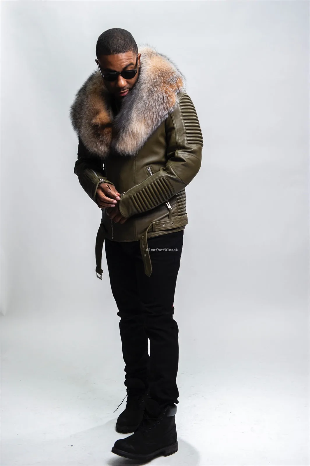 Men's Trey Biker Olive Green Leather Full Fox Fur Collar [Crystal Fox]