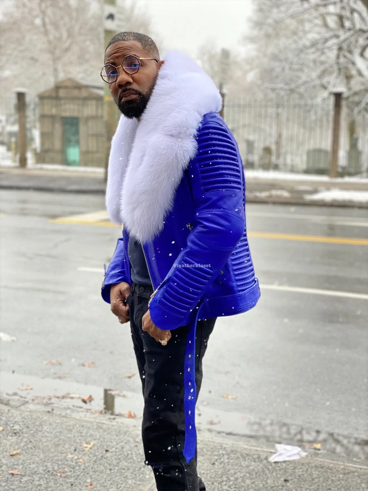 Men's Trey Biker Royal Blue Leather Full Fox Fur Collar [White Fox]