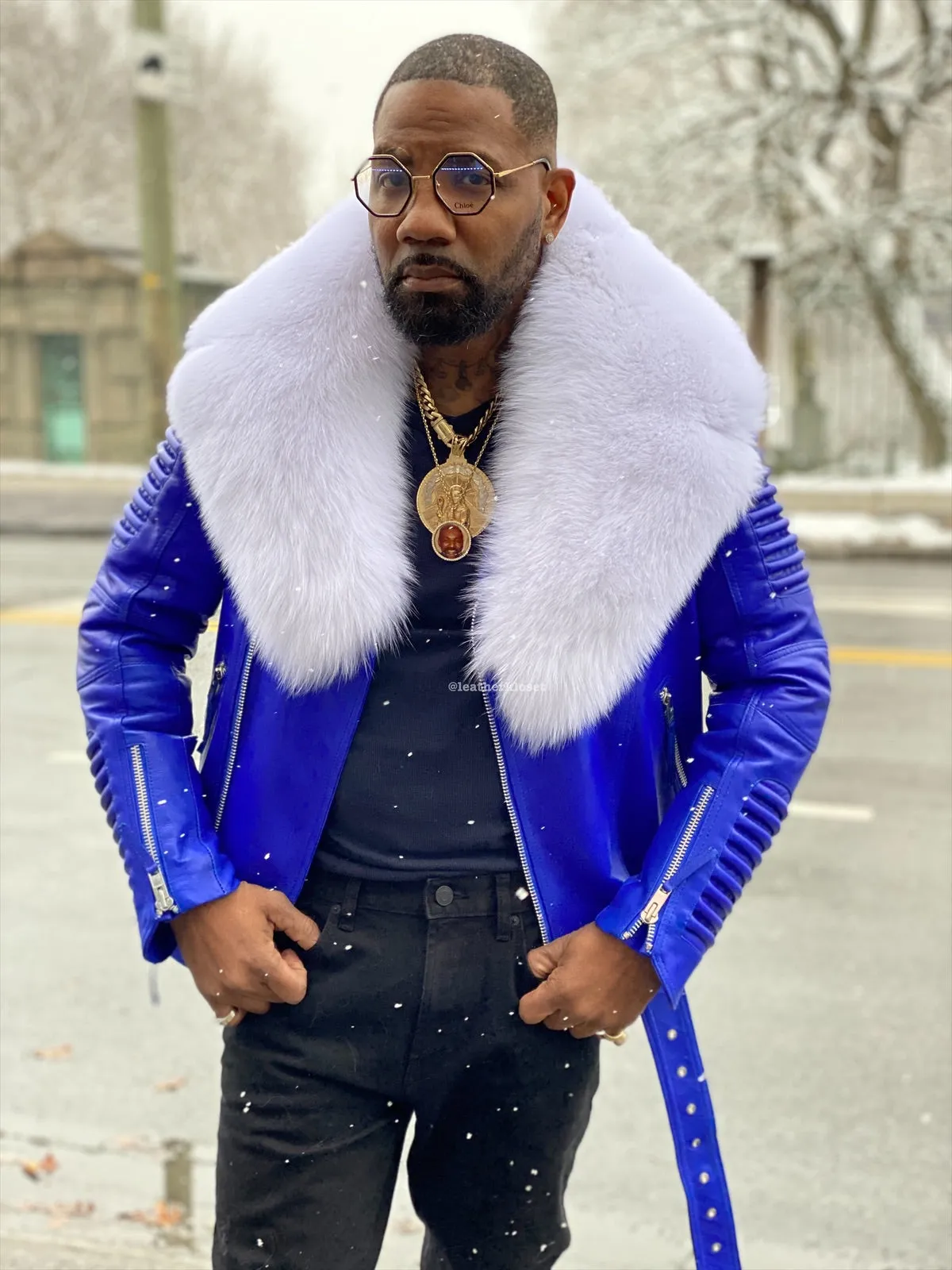 Men's Trey Biker Royal Blue Leather Full Fox Fur Collar [White Fox]