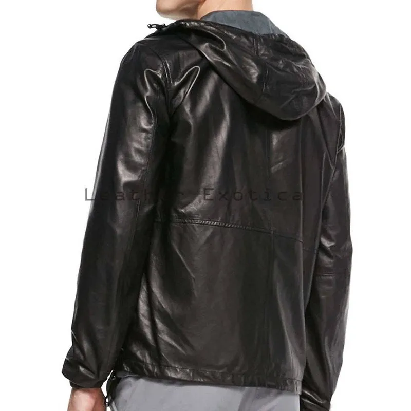 Mens Wear Black Hooded Leather Jacket