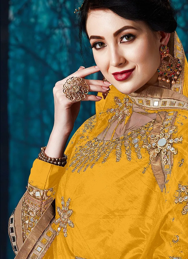 Mirror Work Yellow Faux Georgette Anarkali Suit