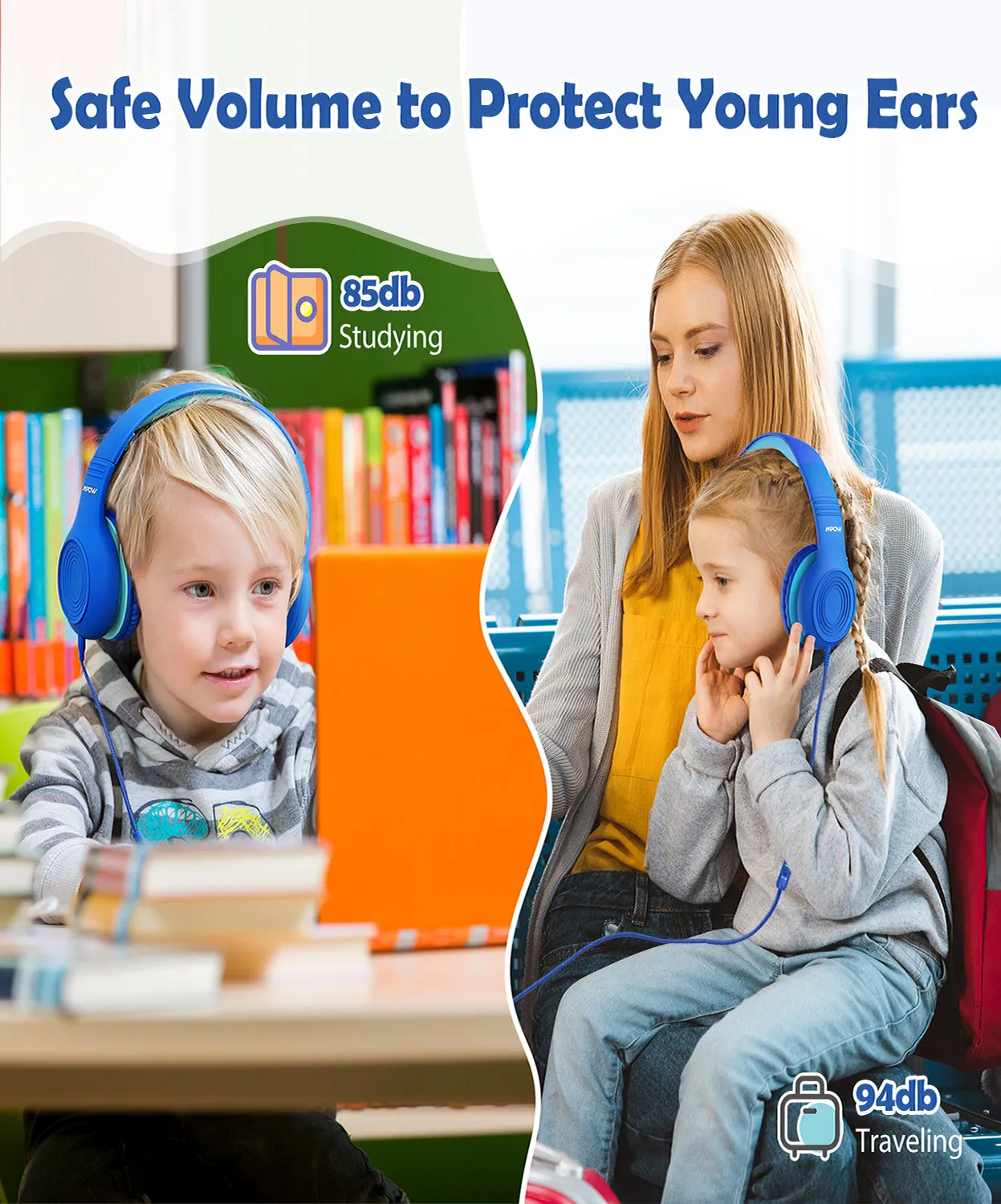 Mpow Kids Headphones with Microphone, Upgraded USB-C Foldable 85/94dB Safe Volume Stereo Adjustable over Ear Headphones for Kids, Girls, Boys, Share Function Wired Kids Headphones for School Tablet