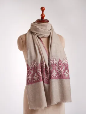 Natural Grey Artistic Sozni Embroidered Palla Cashmere Scarf