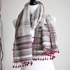 Naturally-Dyed Silk & Cotton Wrap with Tassels - Handwoven from Cotton, Eri Silk & Tussar Silk | White-Red Stole, 23x70"