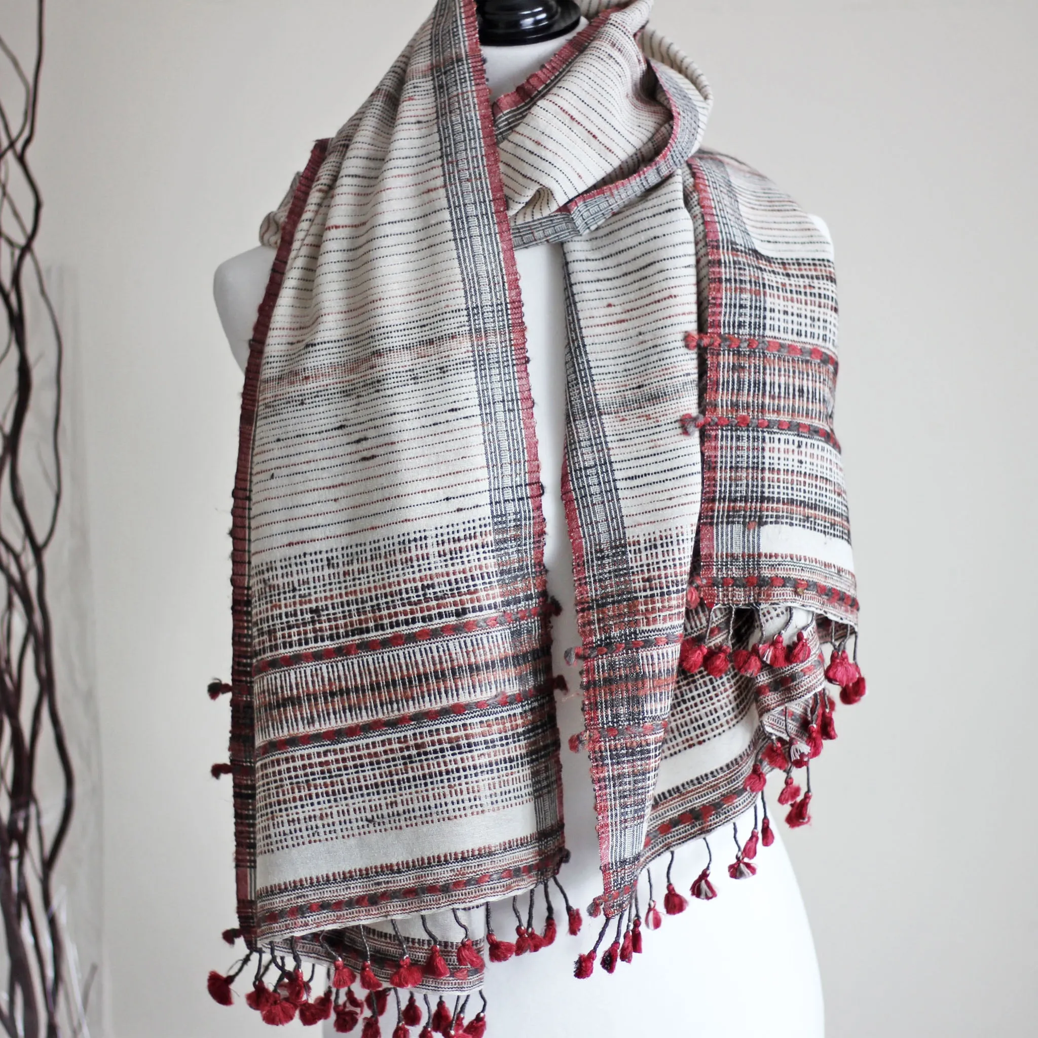 Naturally-Dyed Silk & Cotton Wrap with Tassels - Handwoven from Cotton, Eri Silk & Tussar Silk | White-Red Stole, 23x70"