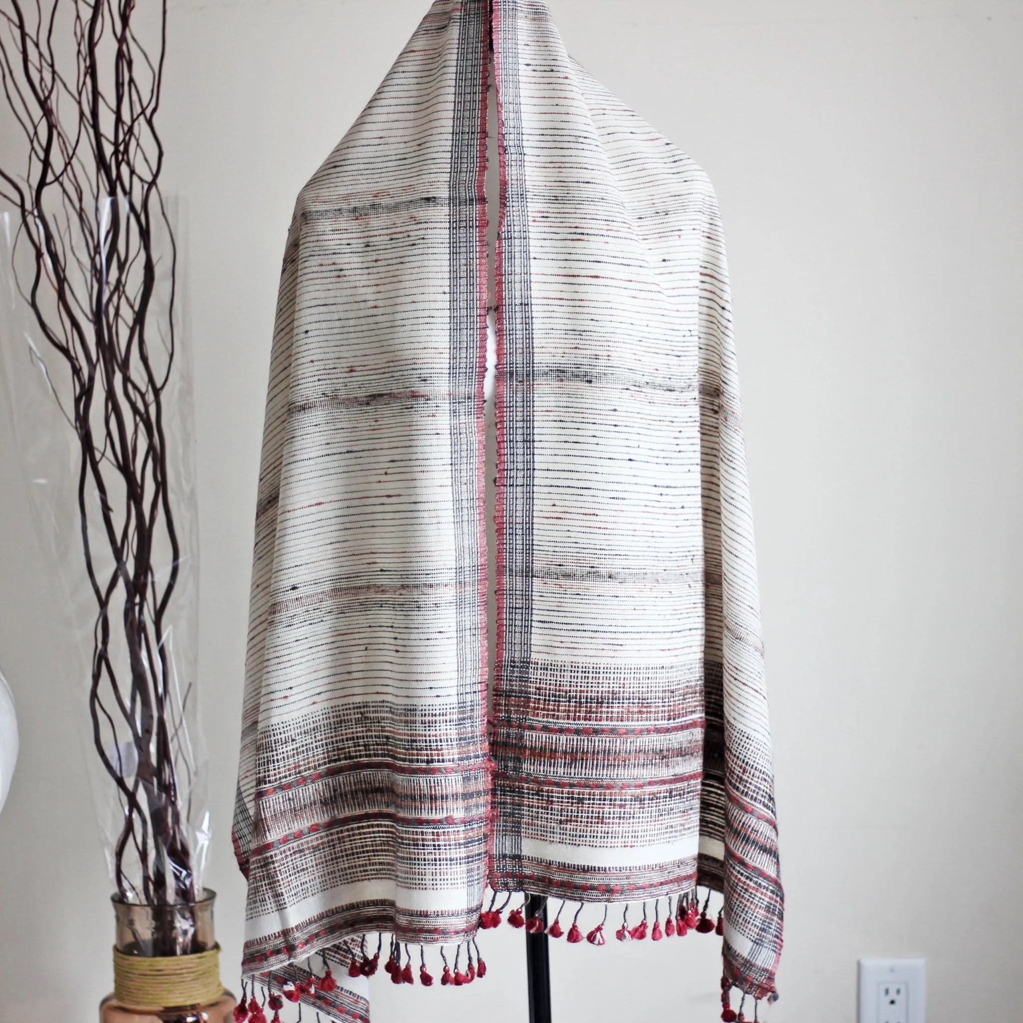 Naturally-Dyed Silk & Cotton Wrap with Tassels - Handwoven from Cotton, Eri Silk & Tussar Silk | White-Red Stole, 23x70"