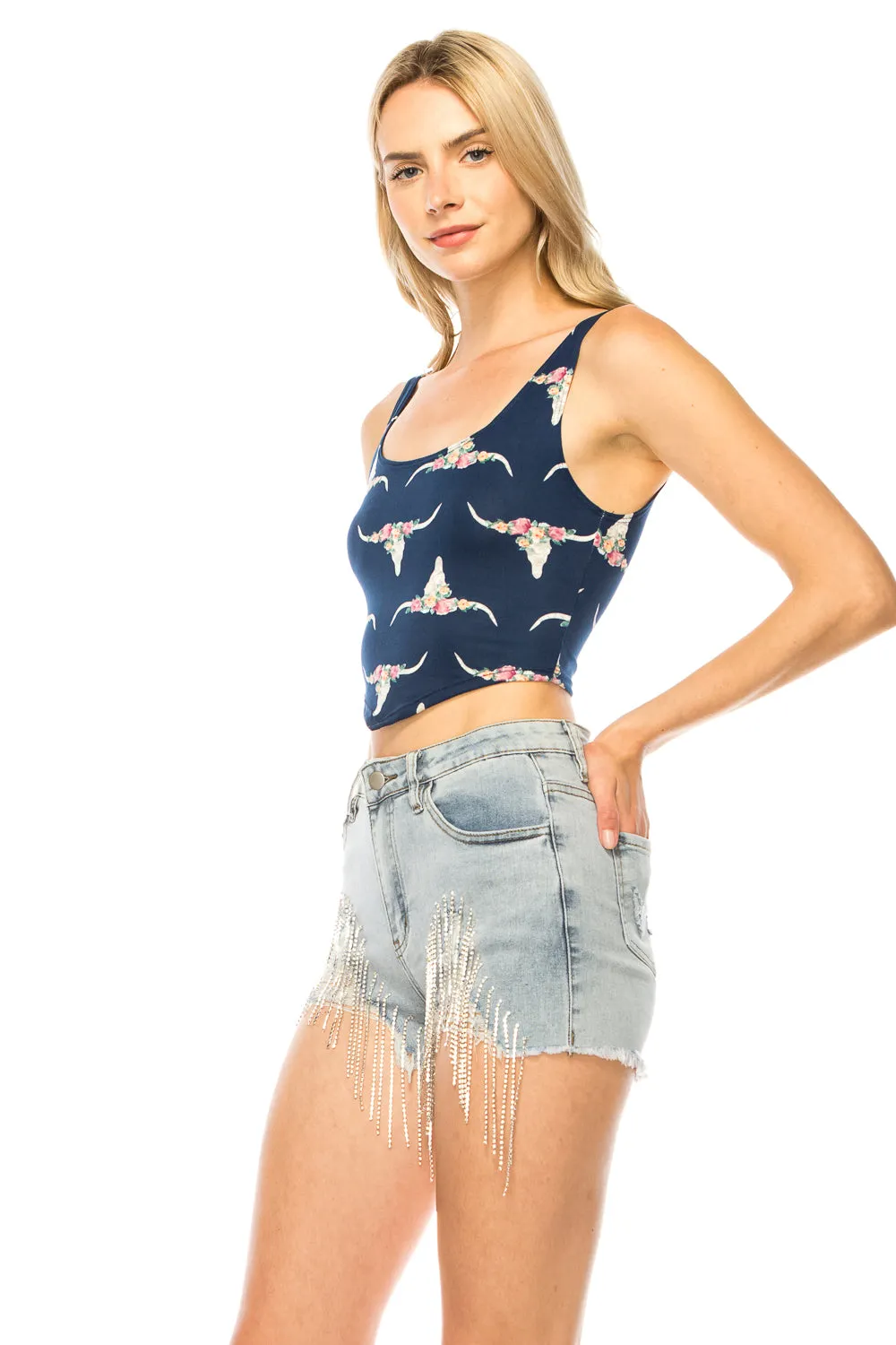 NAVY LONGHORN PRINT CROP TOP