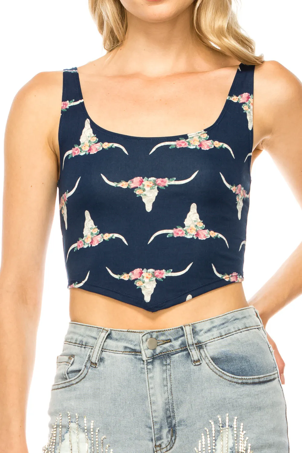 NAVY LONGHORN PRINT CROP TOP