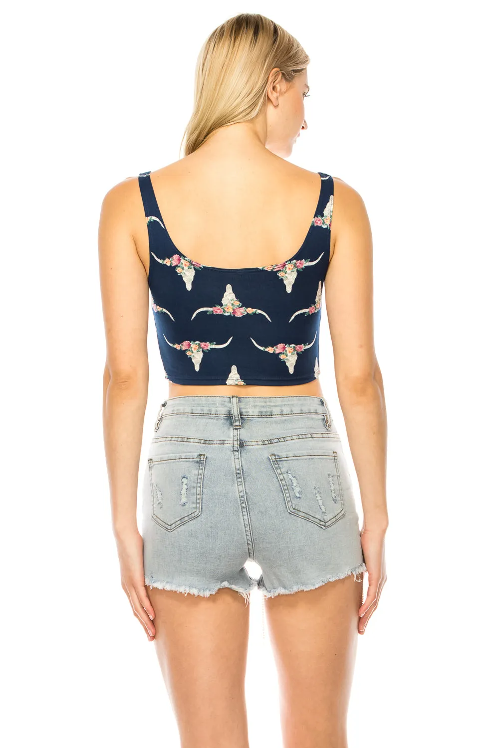 NAVY LONGHORN PRINT CROP TOP