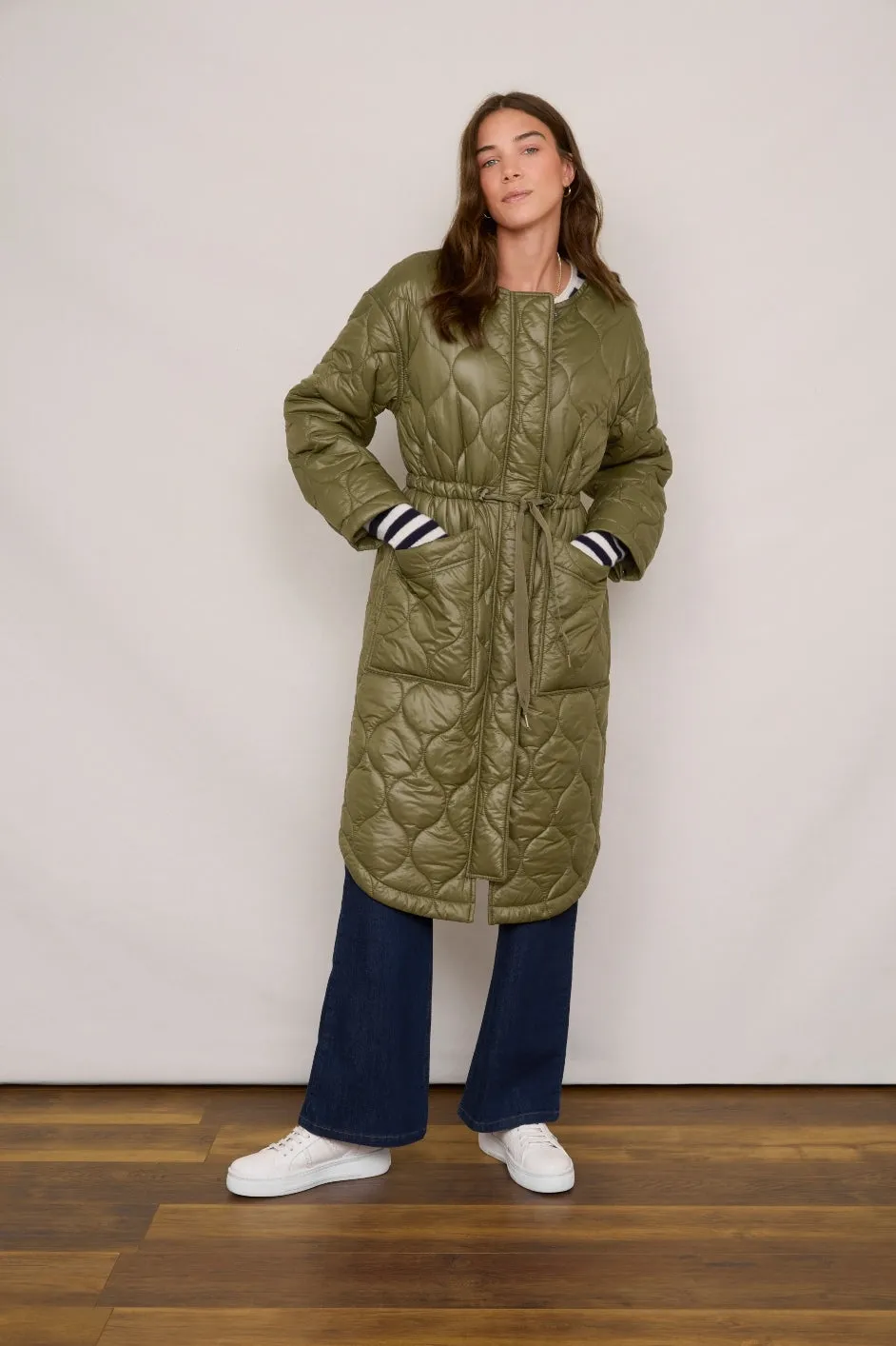 Netty Longline Quilted Coat - Khaki