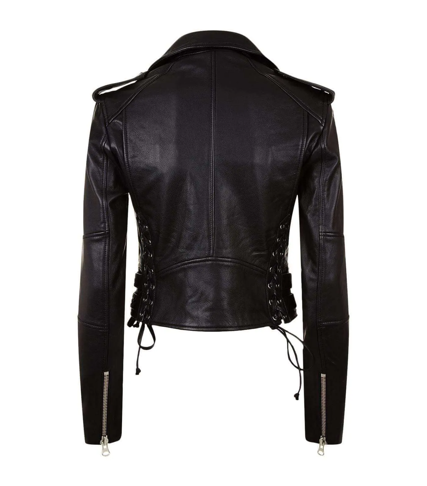 New Women's Black Slim Fit Moto Biker Style Real Leather Jacket