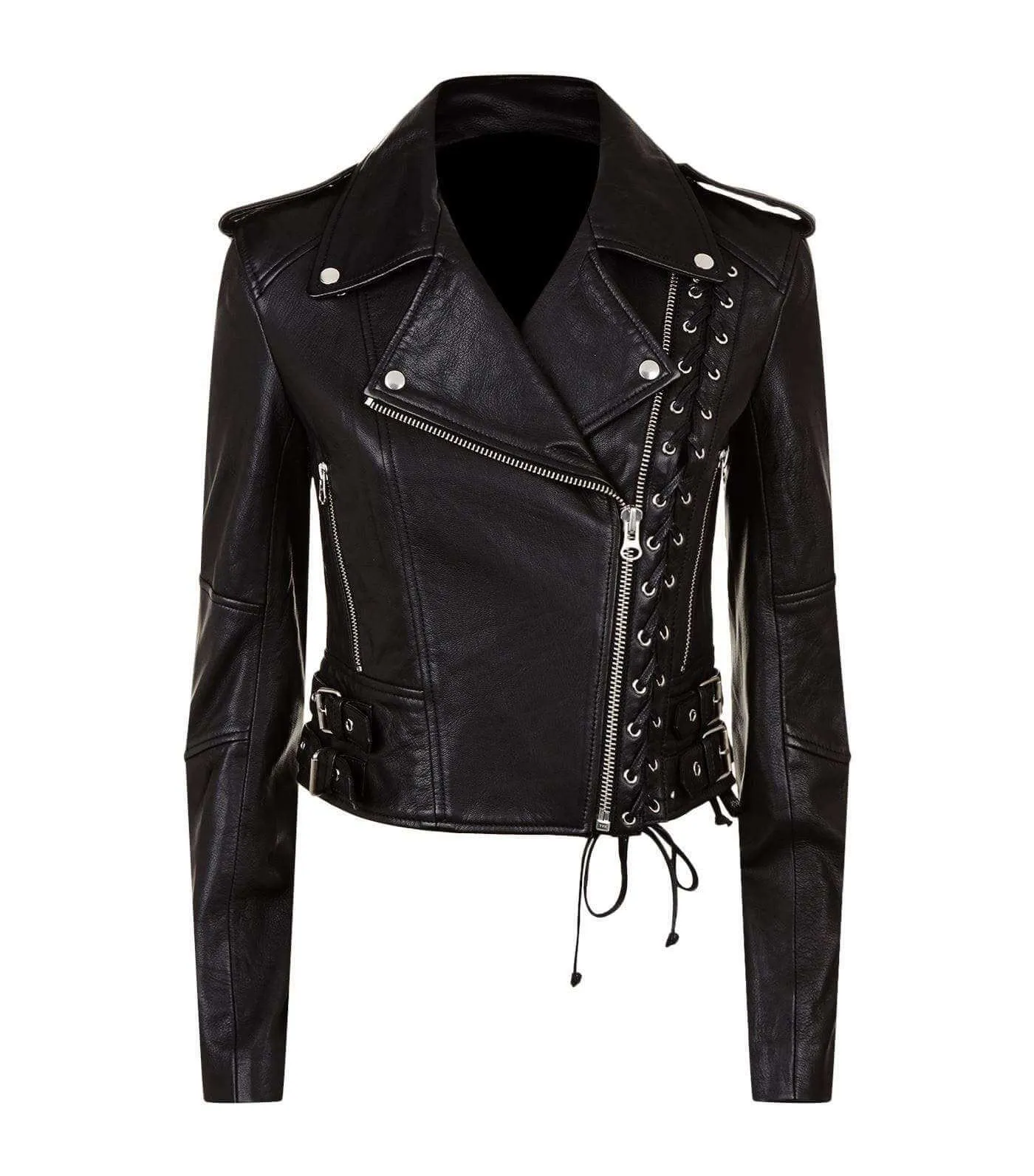 New Women's Black Slim Fit Moto Biker Style Real Leather Jacket