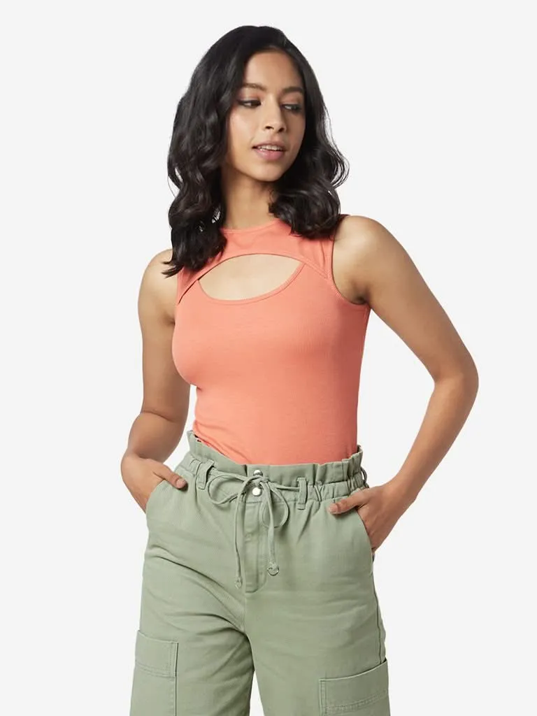 Nuon Orange Ribbed Cutout Pattern Crop-Top