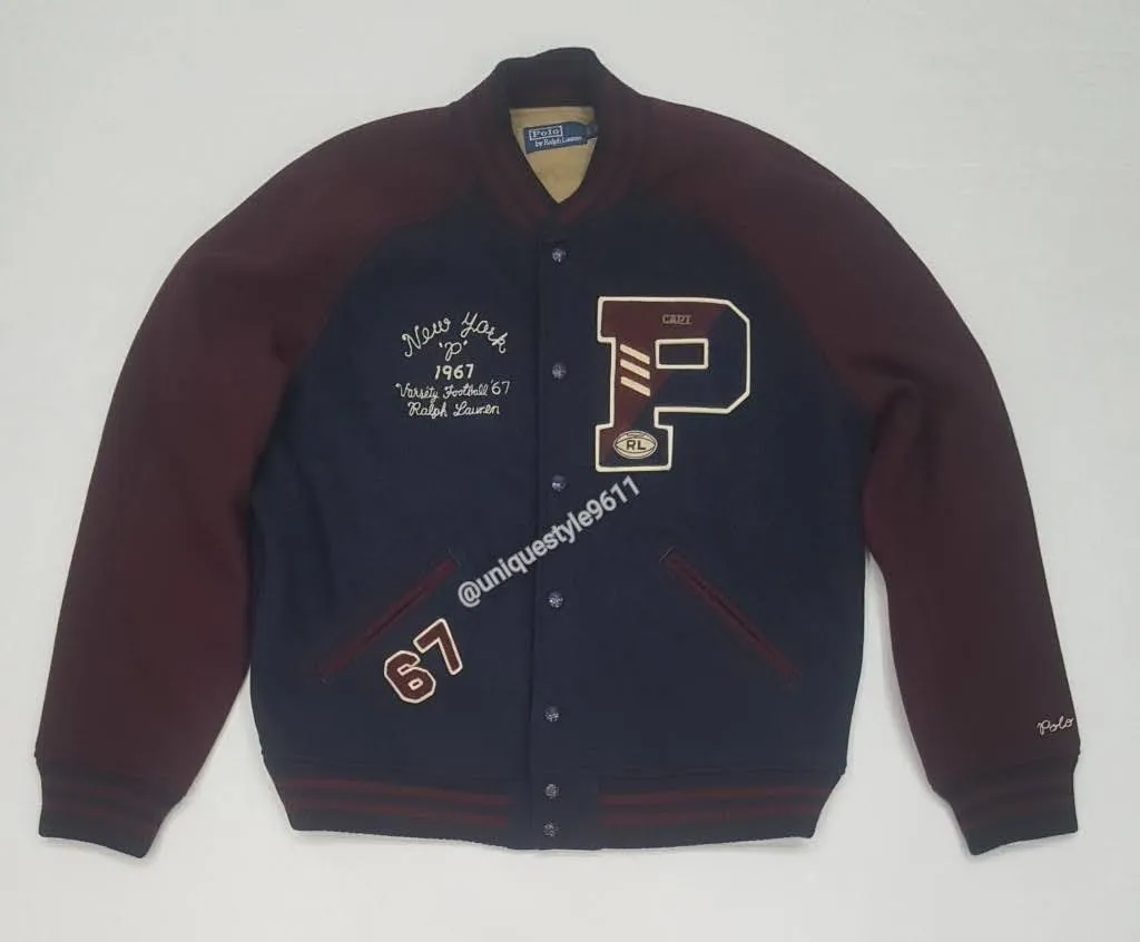 Nwt Polo Ralph Lauren Burgundy/Navy 'P' Allstars New York Wool Jacket