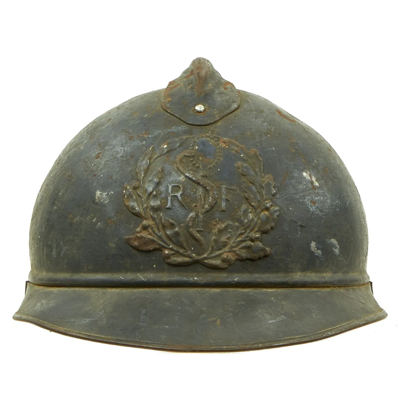 Original French WWI Model 1915 Adrian Helmet with RF Field Medical Personnel Badge - Horizon Blue