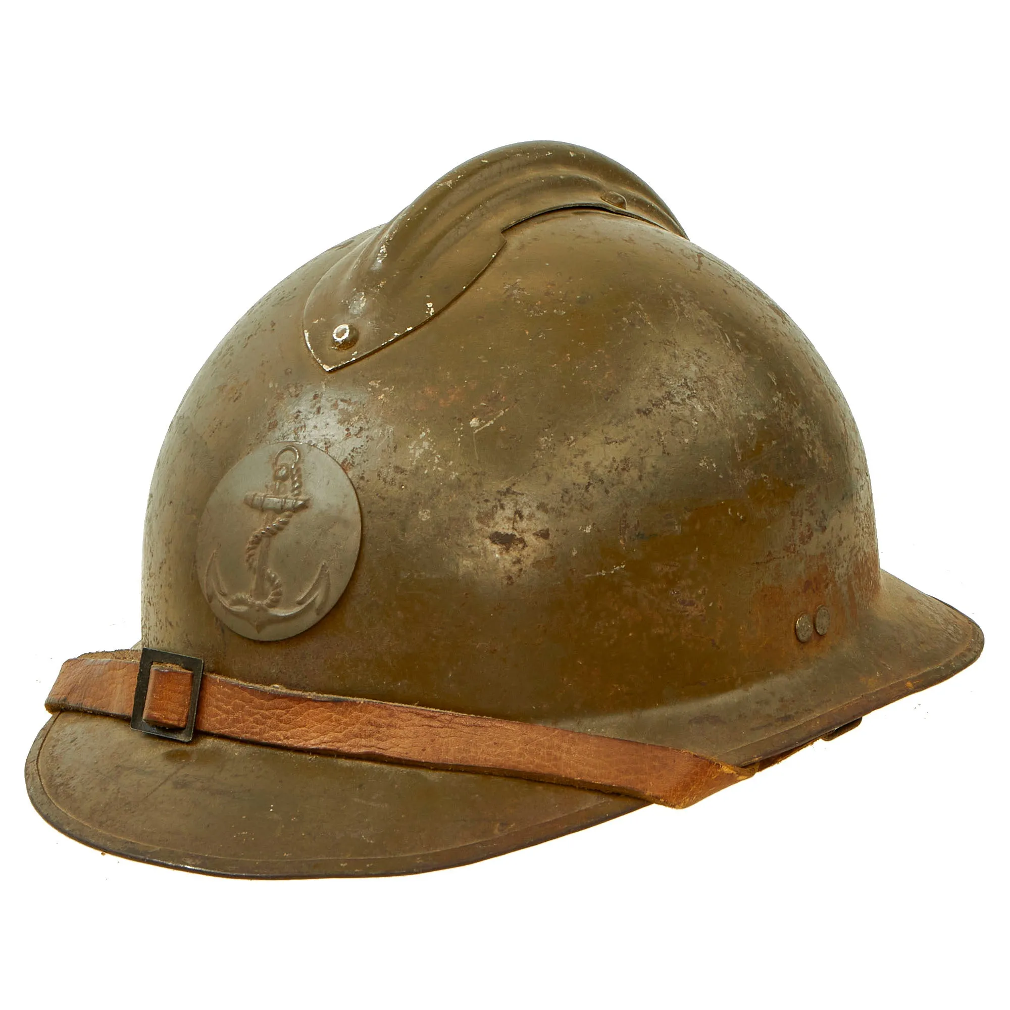 Original French WWII Model 1926 Adrian Helmet with Colonial Navy Badge - Complete