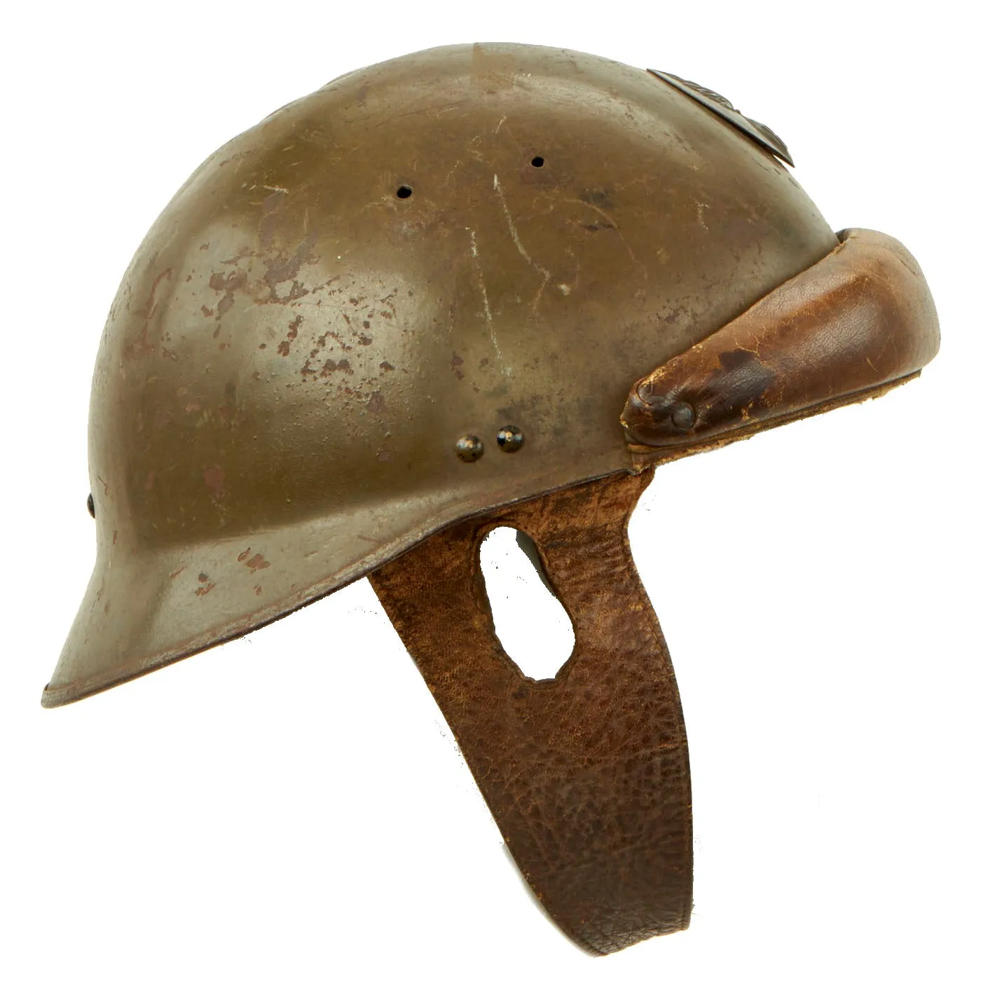 Original French WWII Model 1935 Named Tanker Armored Vehicle Helmet with R.F. Badge