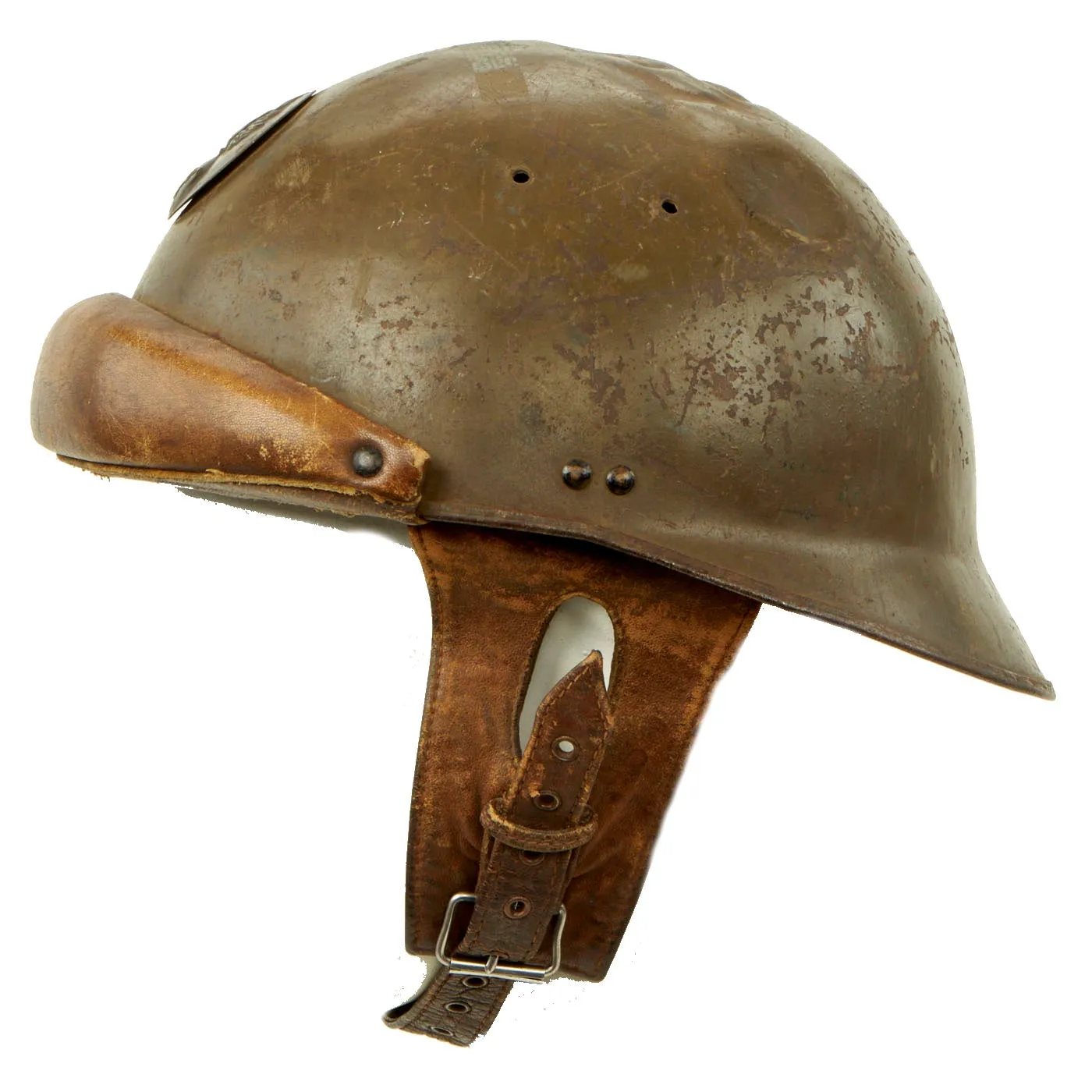 Original French WWII Model 1935 Named Tanker Armored Vehicle Helmet with R.F. Badge