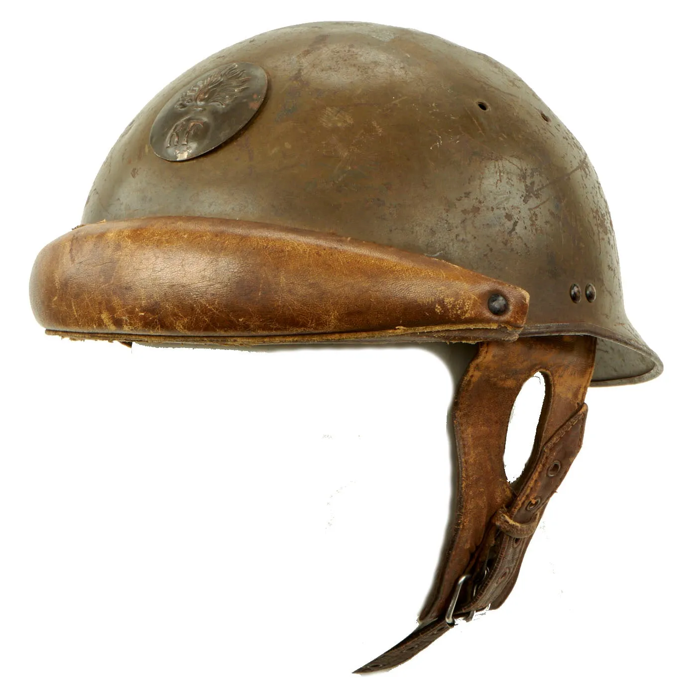 Original French WWII Model 1935 Named Tanker Armored Vehicle Helmet with R.F. Badge