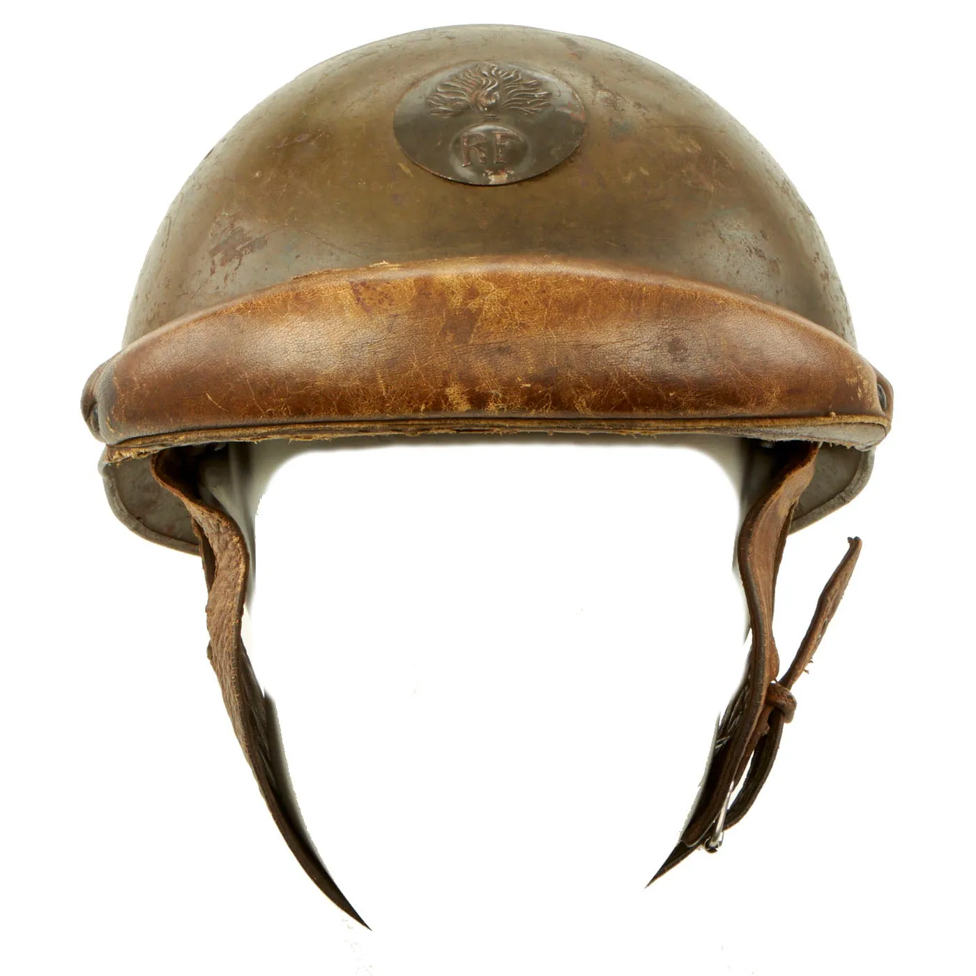 Original French WWII Model 1935 Named Tanker Armored Vehicle Helmet with R.F. Badge