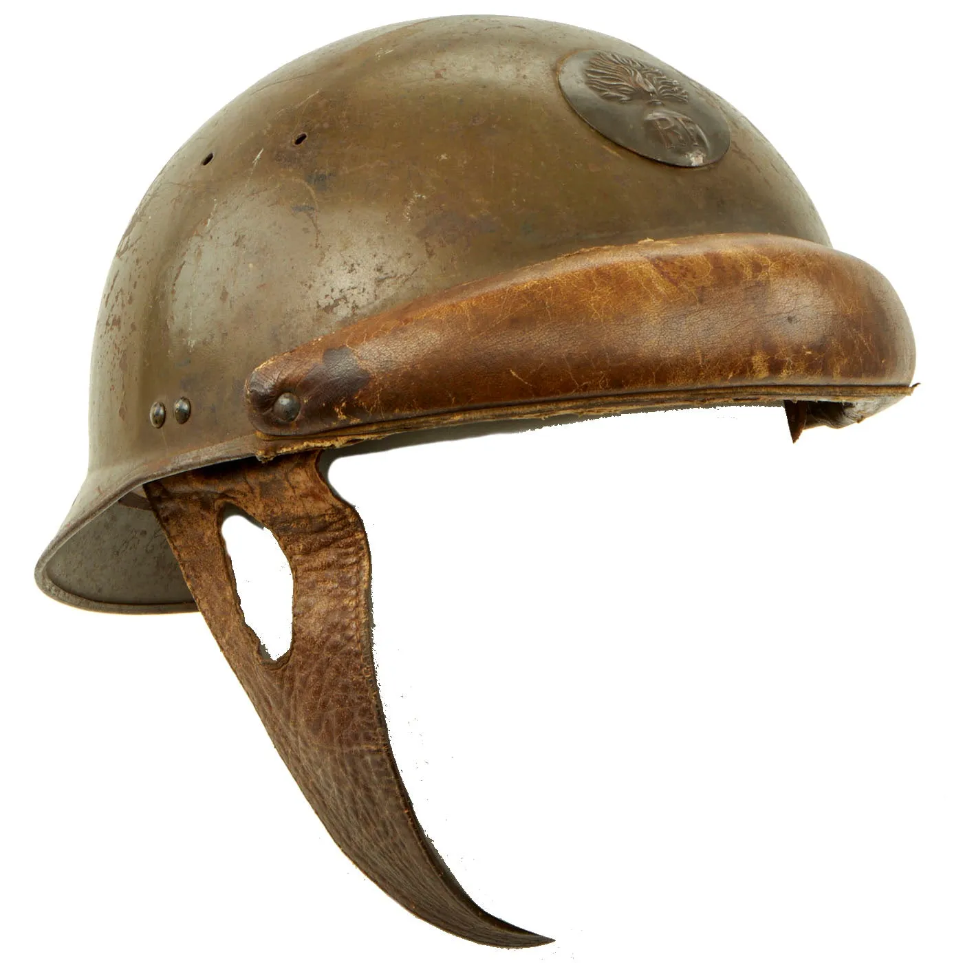 Original French WWII Model 1935 Named Tanker Armored Vehicle Helmet with R.F. Badge