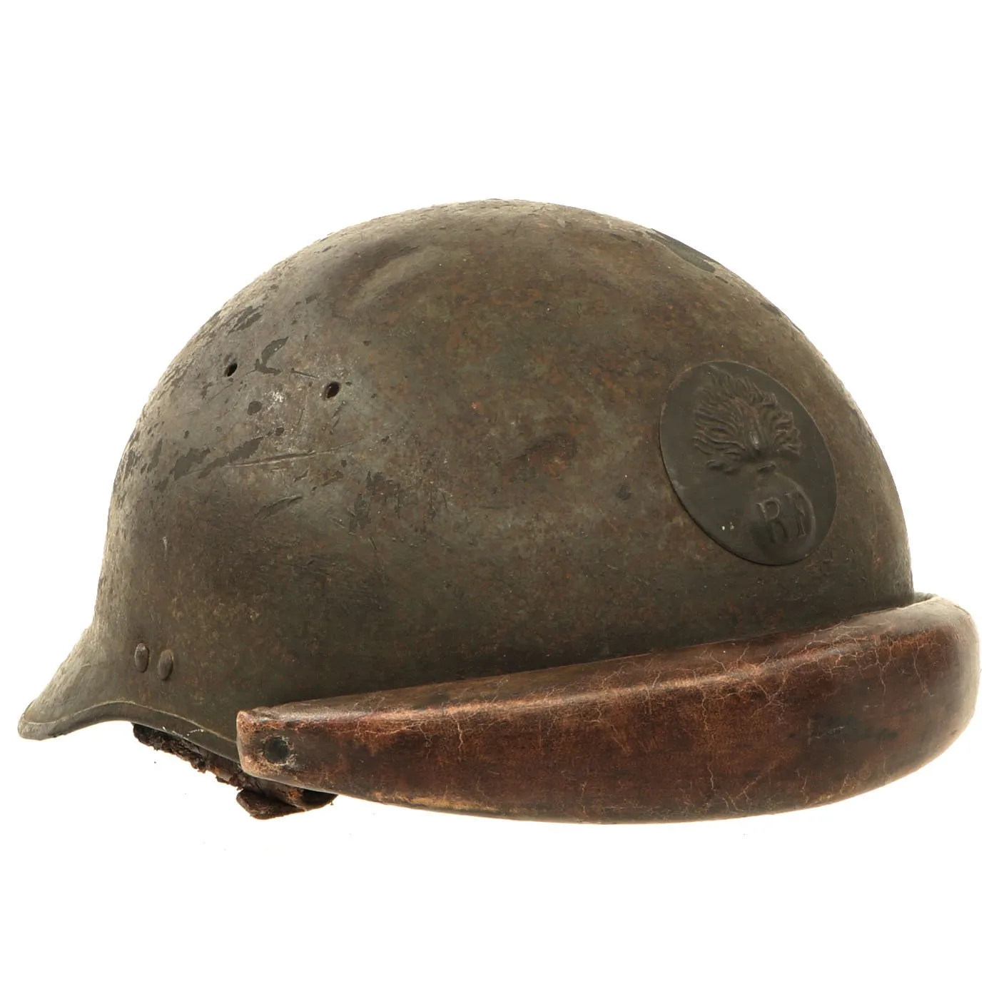 Original French WWII Model 1935 Tanker Armored Vehicle Helmet with R.F. Badge