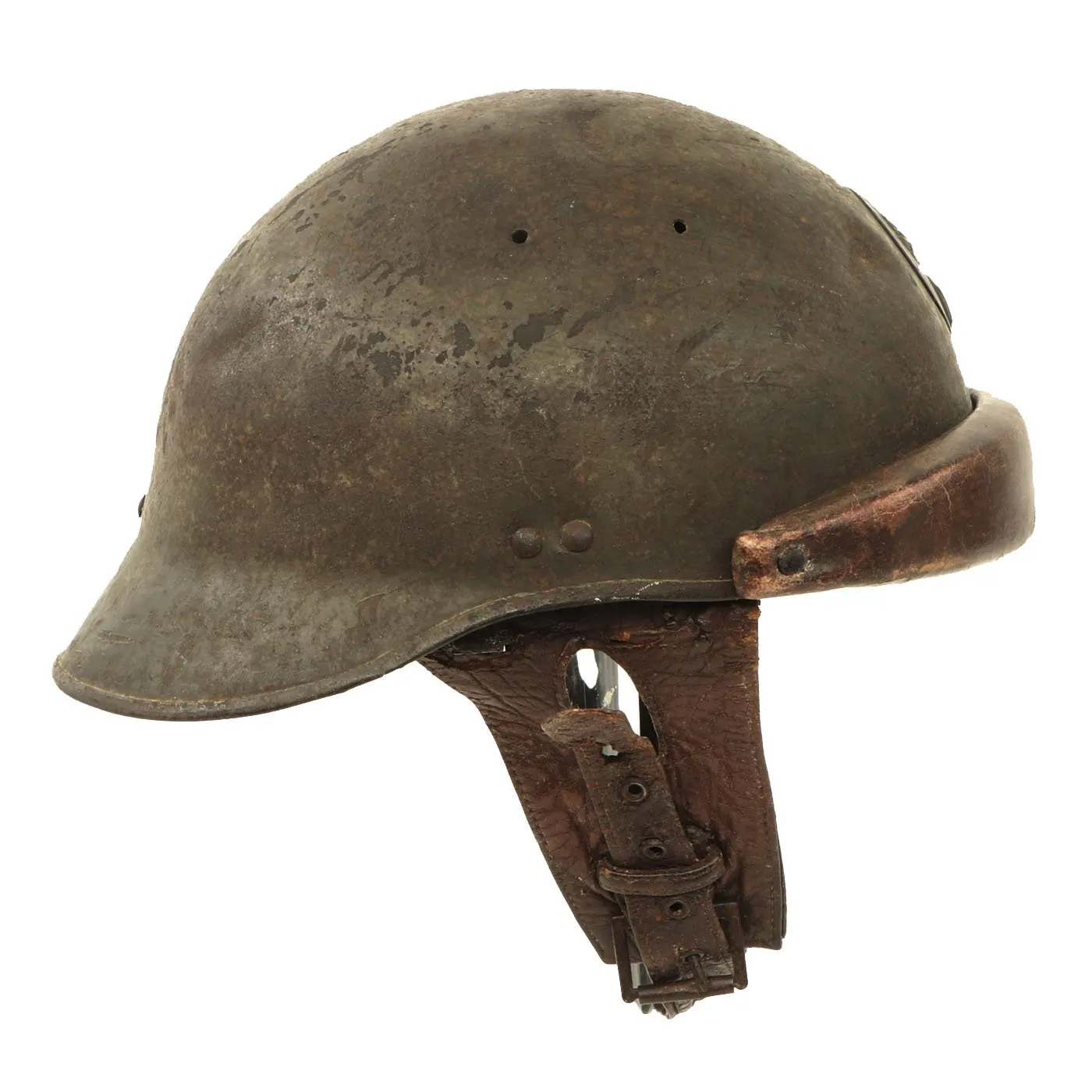 Original French WWII Model 1935 Tanker Armored Vehicle Helmet with R.F. Badge