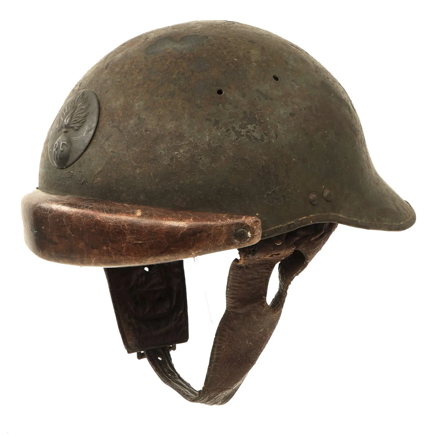 Original French WWII Model 1935 Tanker Armored Vehicle Helmet with R.F. Badge