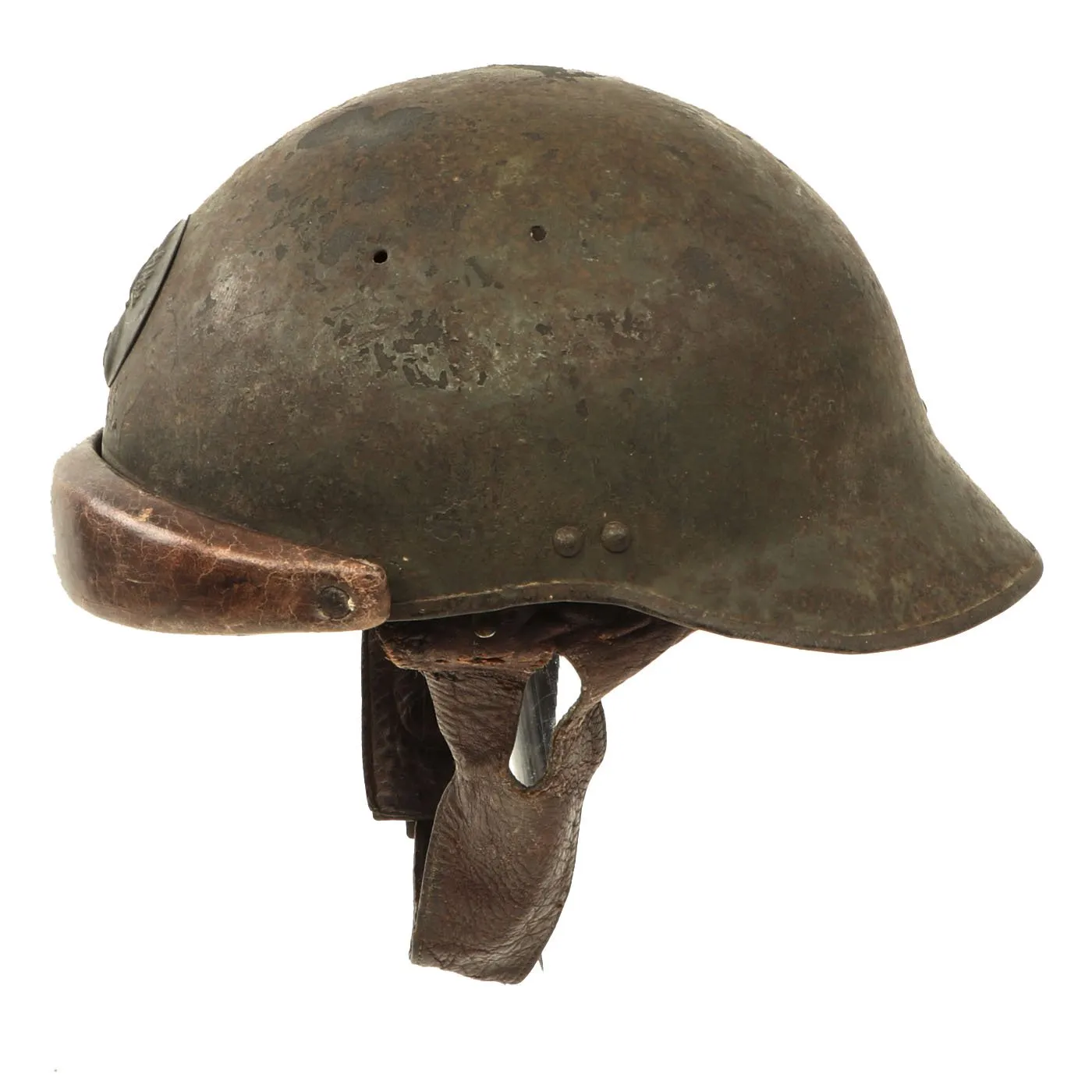 Original French WWII Model 1935 Tanker Armored Vehicle Helmet with R.F. Badge