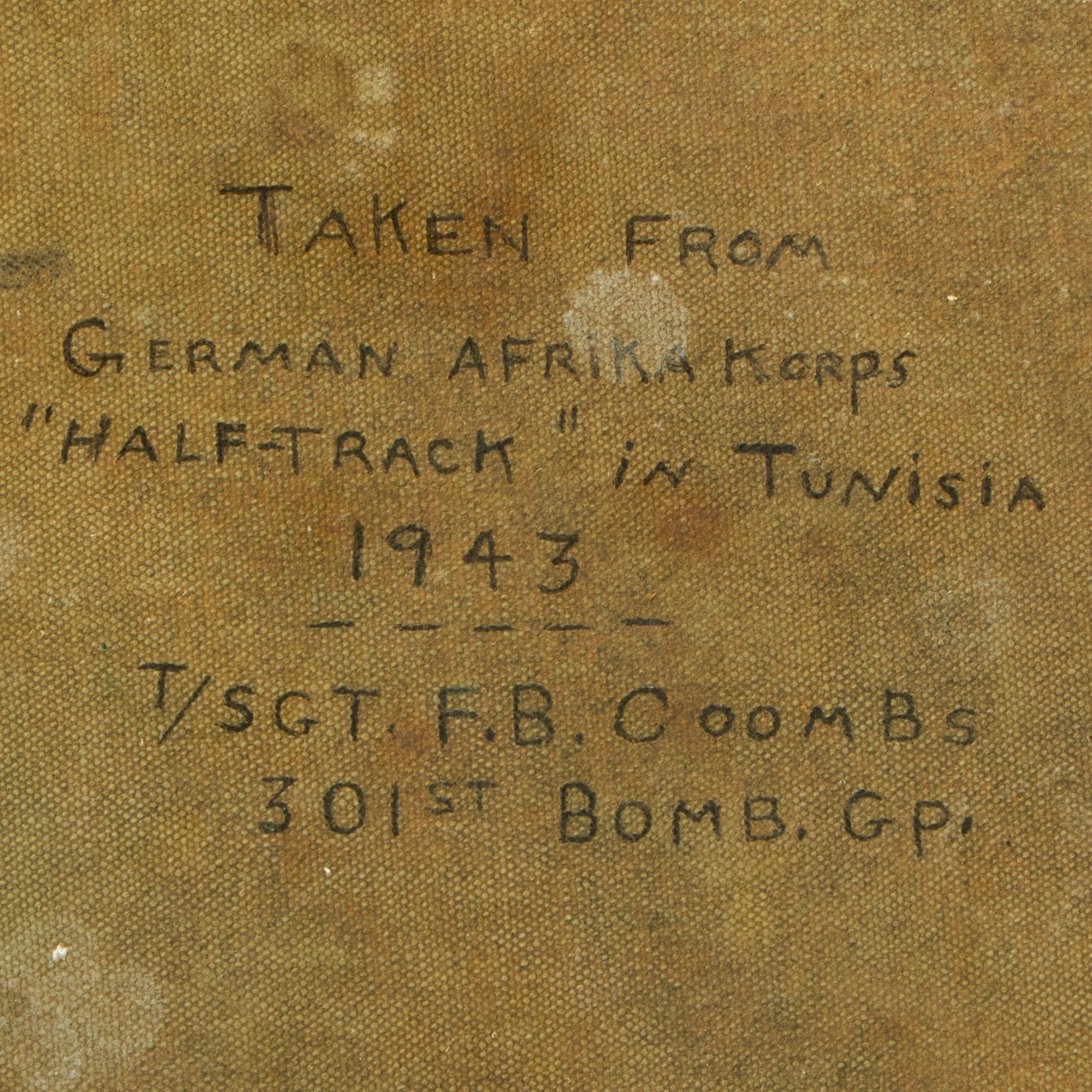 Original German WWII DAK Half-track Canvas Cover Balkankreuz Insignia Captured in Tunisia 1943 by T/Sgt. Francis B. Coombs, 301st Bomb. Group