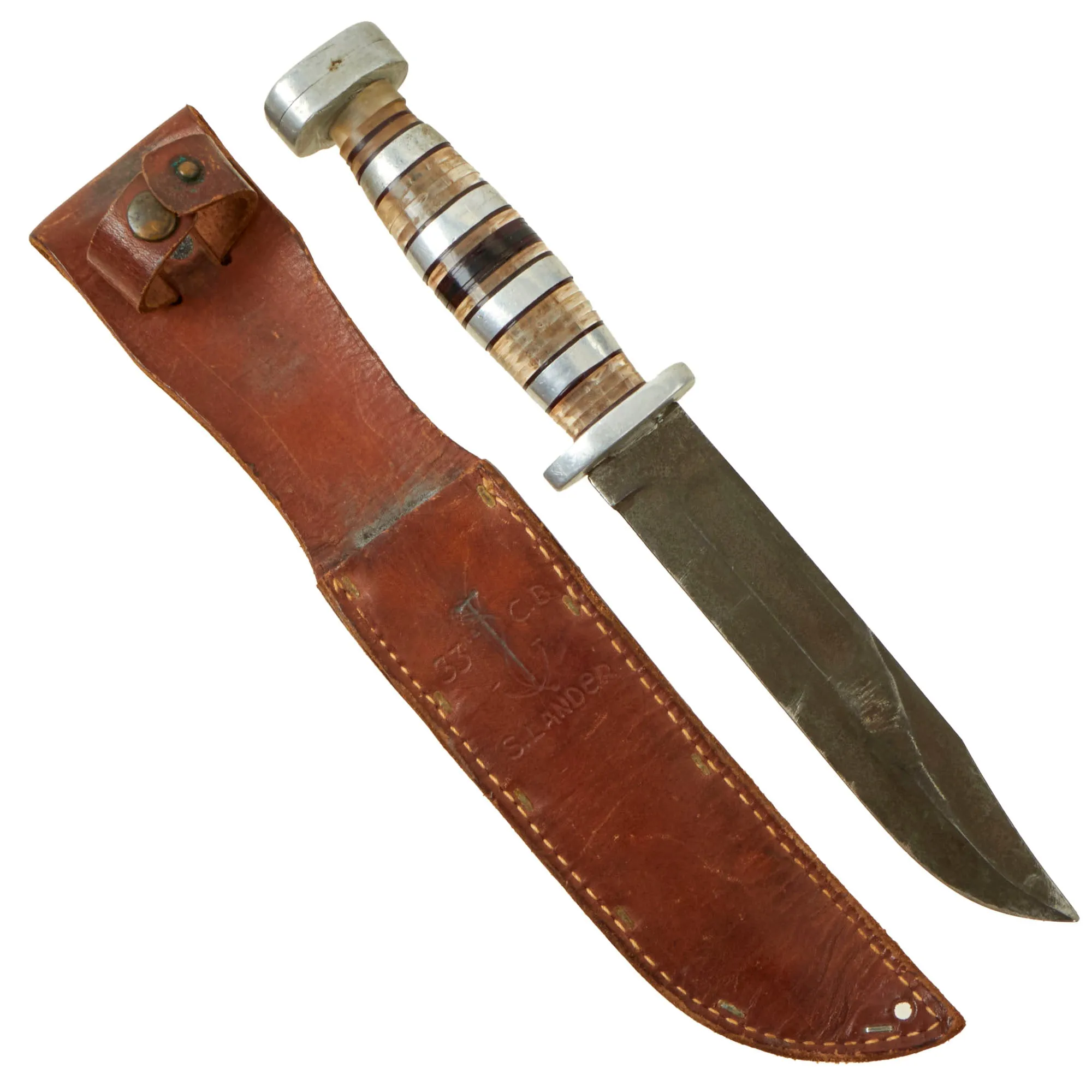 Original U.S. WWII 33rd Naval Construction Battalion Seabee USMC Mark 2 KA-BAR Fighting Knife by Olean With Theater Made Grip and Personalized Leather Sheath