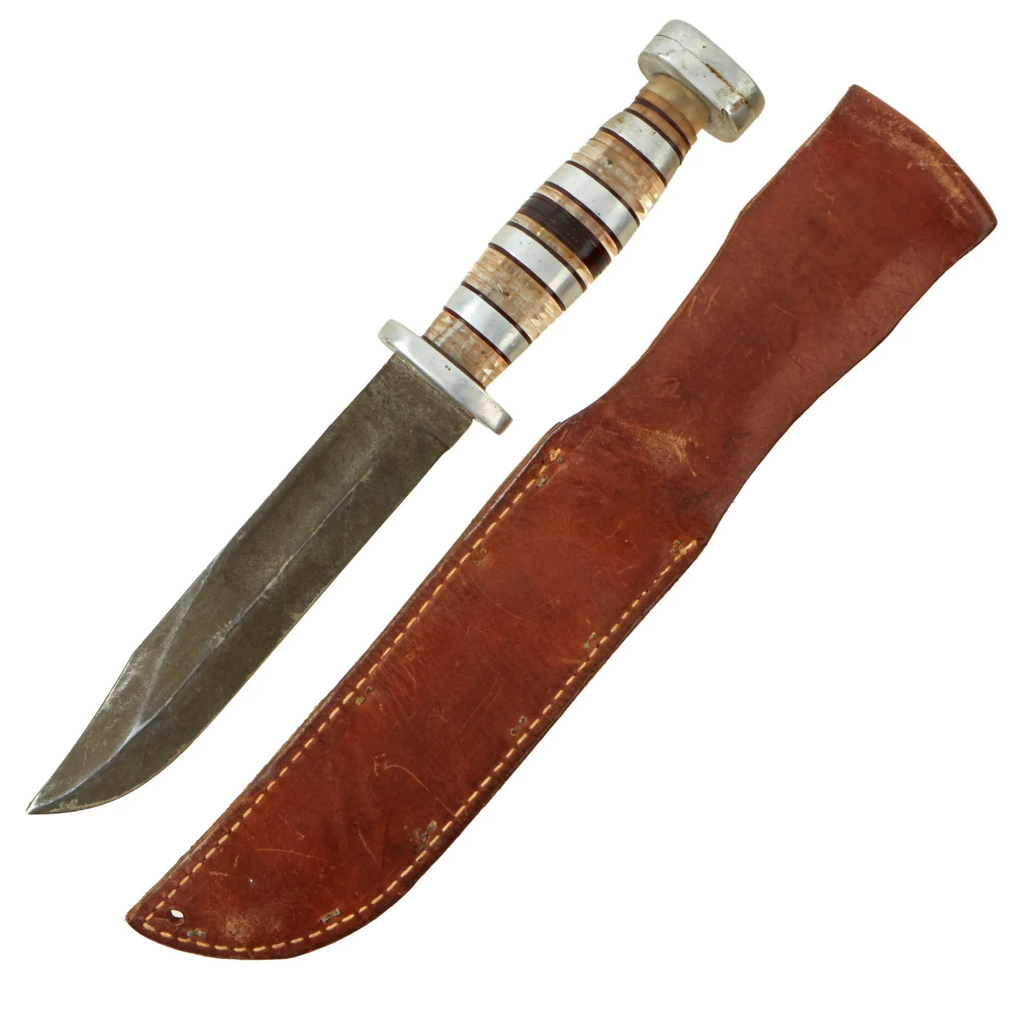 Original U.S. WWII 33rd Naval Construction Battalion Seabee USMC Mark 2 KA-BAR Fighting Knife by Olean With Theater Made Grip and Personalized Leather Sheath