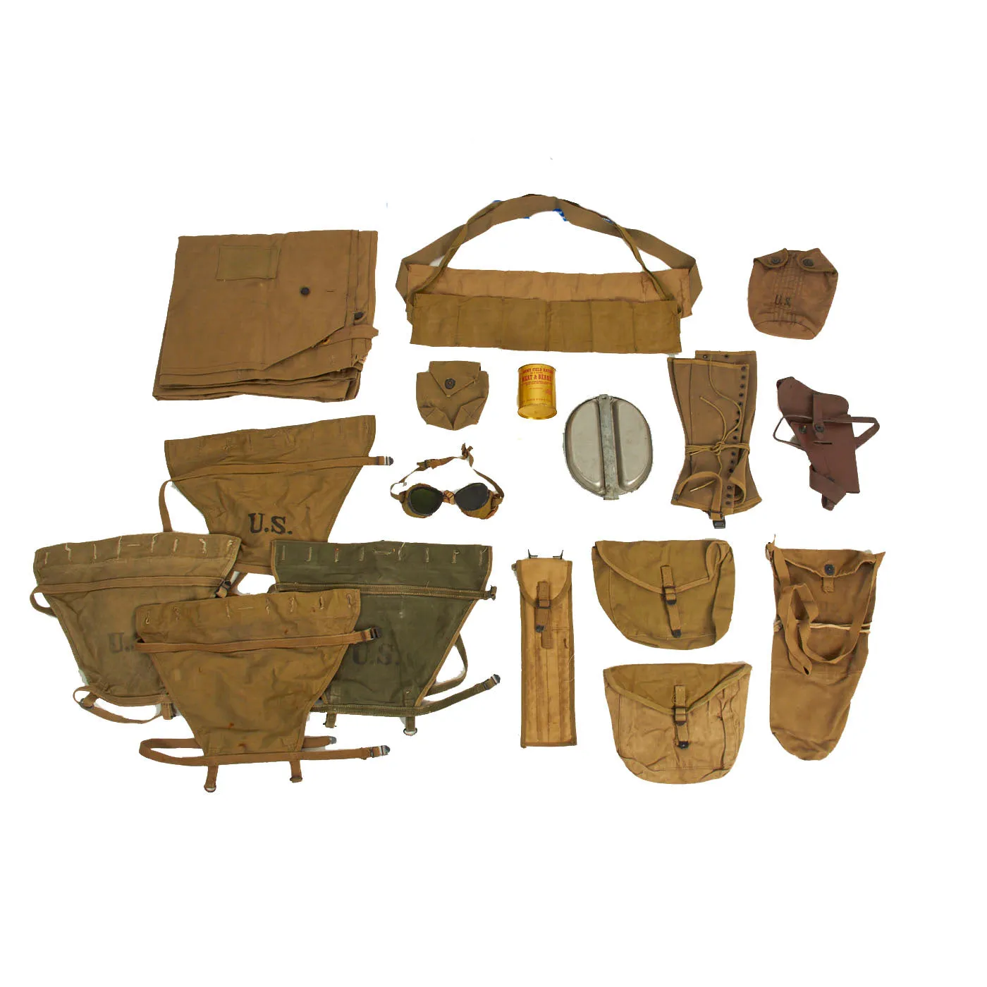 Original U.S. WWII G.I. Field Gear Lot Featuring Mess Kit With Utensils - 17 Items