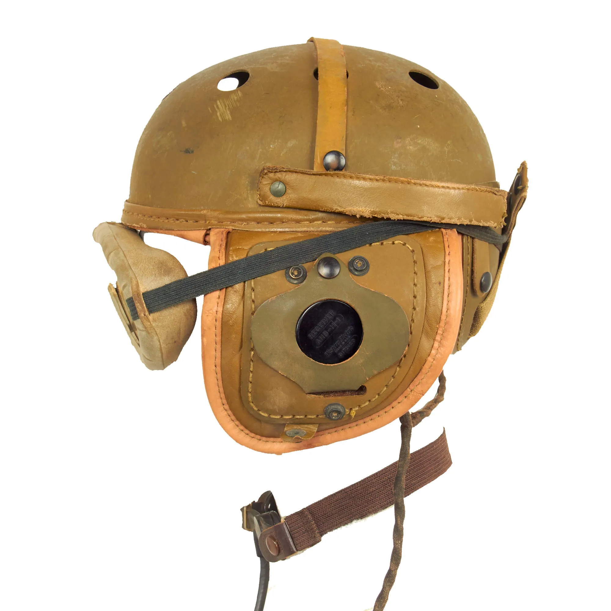 Original U.S. WWII M38 Tanker Helmet by Rawlings with Type ANB-H-1 Earphones, Throat Mic and Early Polaroid Goggles