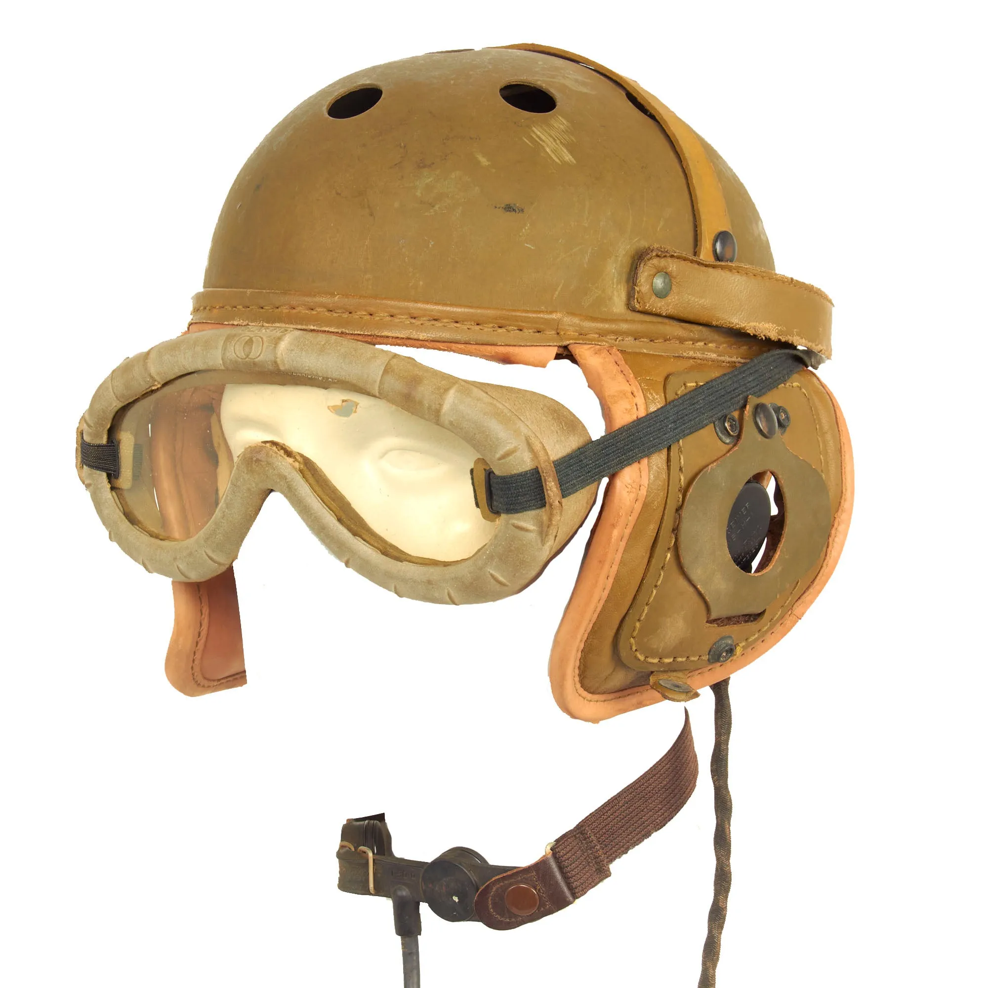 Original U.S. WWII M38 Tanker Helmet by Rawlings with Type ANB-H-1 Earphones, Throat Mic and Early Polaroid Goggles