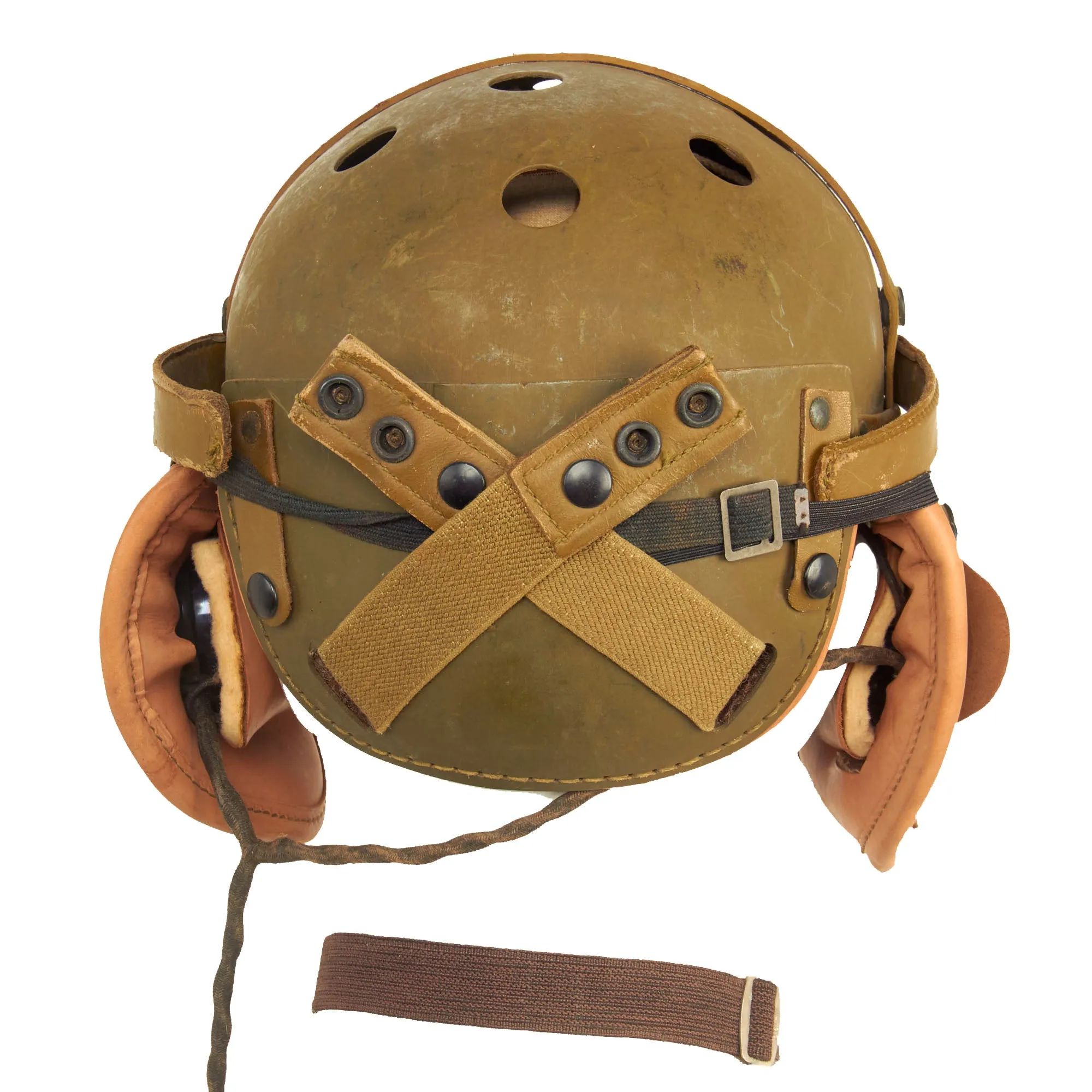 Original U.S. WWII M38 Tanker Helmet by Rawlings with Type ANB-H-1 Earphones, Throat Mic and Early Polaroid Goggles