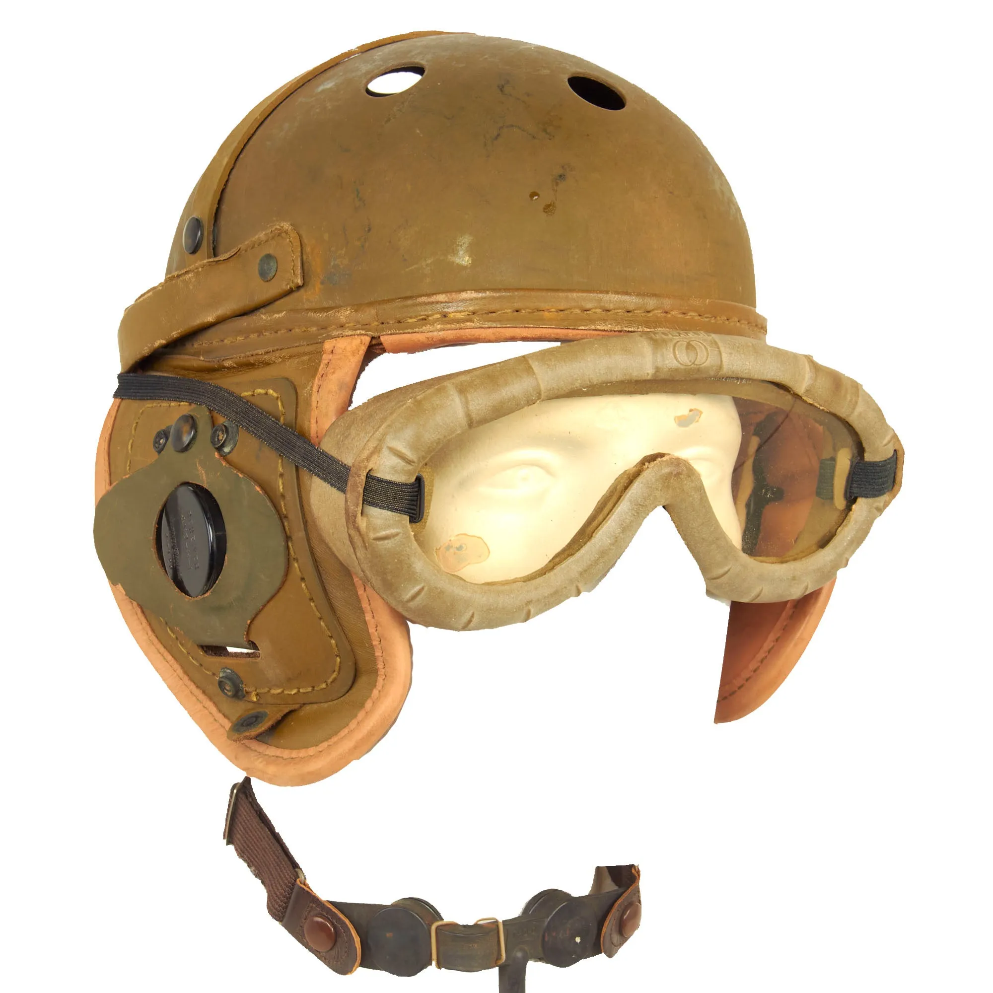 Original U.S. WWII M38 Tanker Helmet by Rawlings with Type ANB-H-1 Earphones, Throat Mic and Early Polaroid Goggles