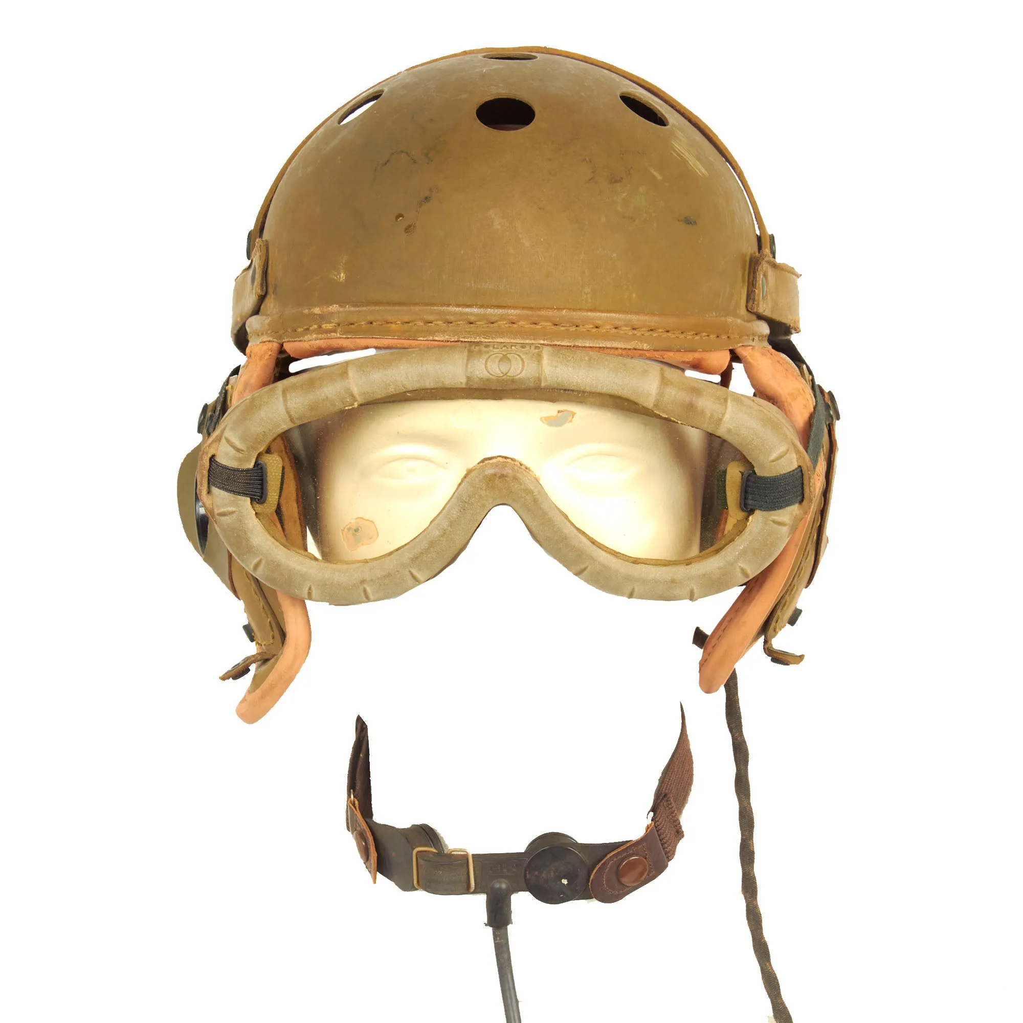 Original U.S. WWII M38 Tanker Helmet by Rawlings with Type ANB-H-1 Earphones, Throat Mic and Early Polaroid Goggles