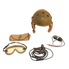 Original U.S. WWII M38 Tanker Helmet by Rawlings with Type ANB-H-1 Earphones, Throat Mic and Early Polaroid Goggles