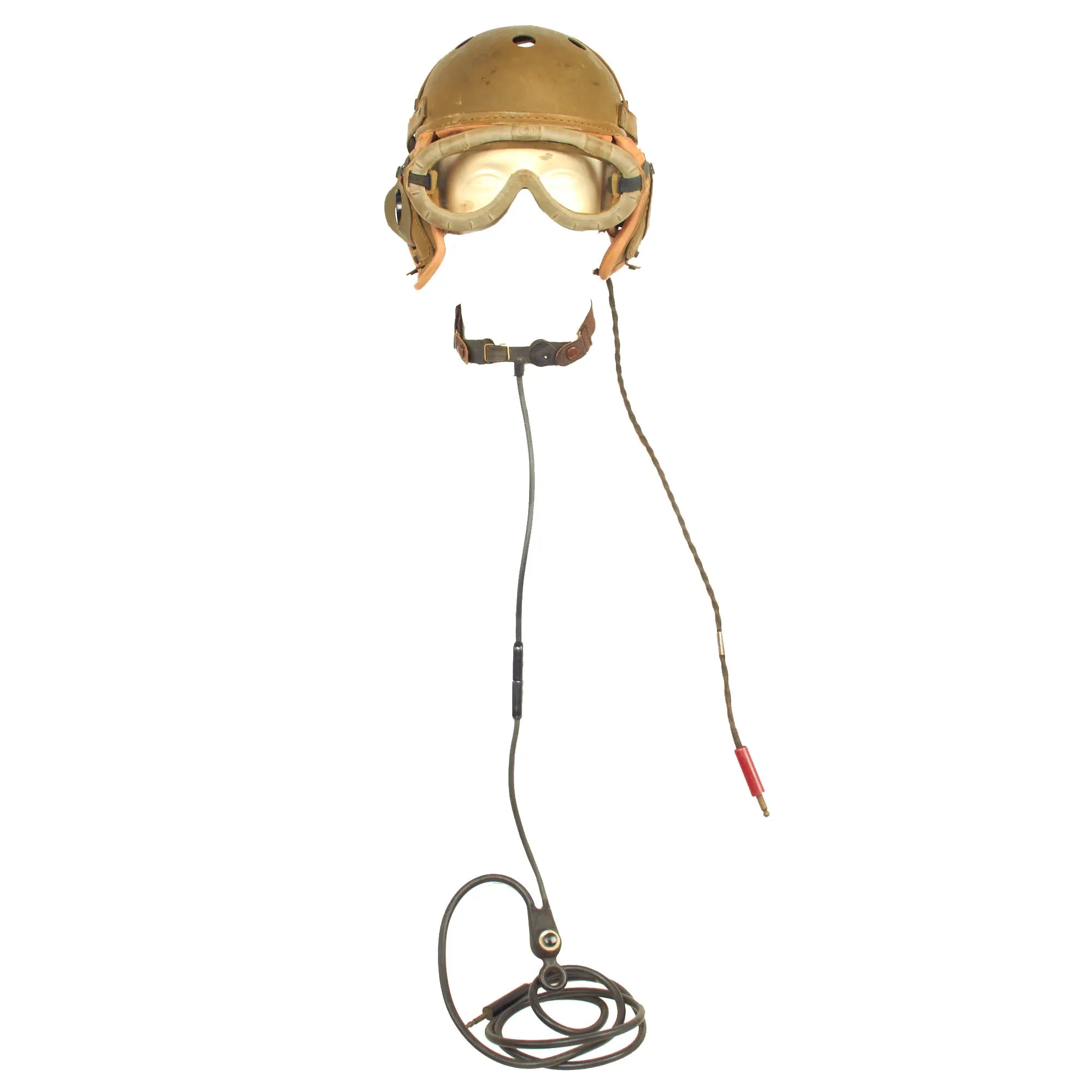 Original U.S. WWII M38 Tanker Helmet by Rawlings with Type ANB-H-1 Earphones, Throat Mic and Early Polaroid Goggles